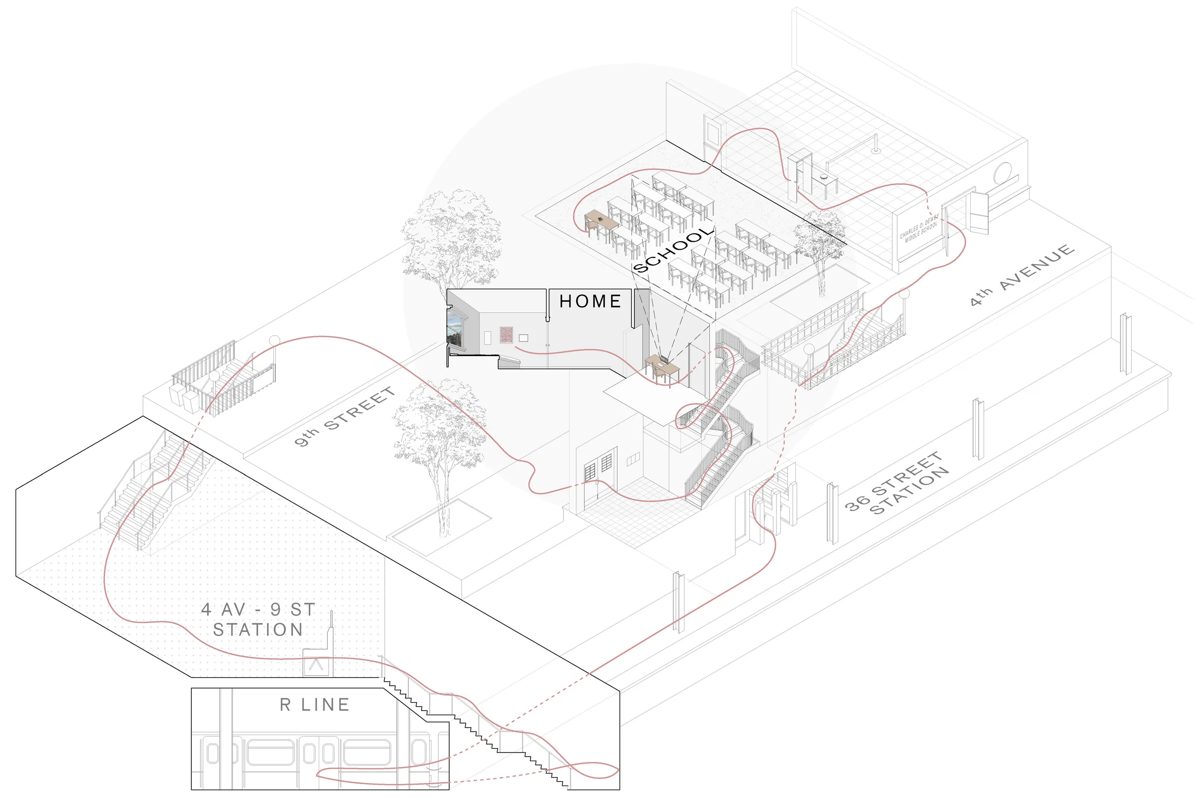 Axonometric of a Home Room near the 4th Avenue–9th Street subway station, tracing a student's route between school and home — from Jack Rusk's A New School for District 15 (Yale School of Architecture, Spring 2021)