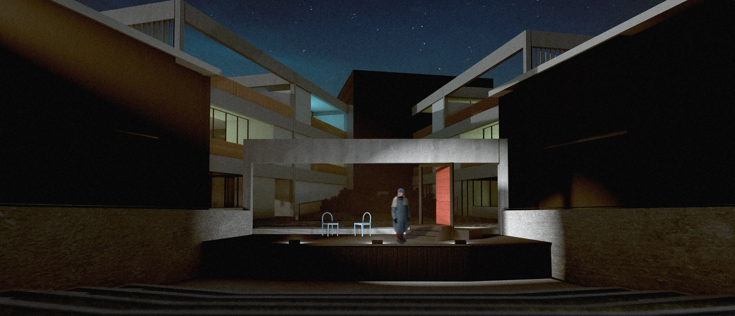 Night rendering of the outdoor amphitheater, with a lone performer lit on stage between the theater's wings — from Jack Rusk's Everyday Acts, a community theater on Dixwell Avenue (Yale School of Architecture, Fall 2020)