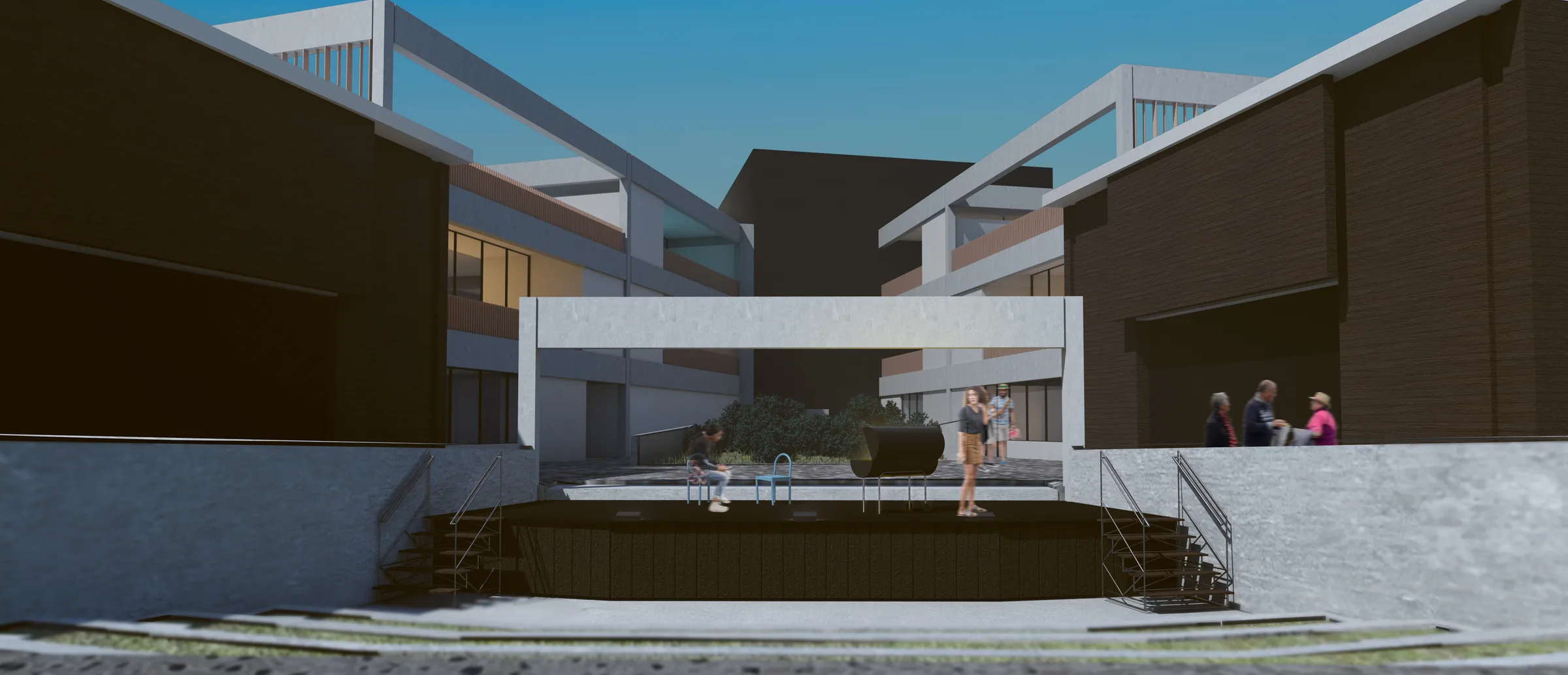 Daytime rendering of the amphitheater stage, with people gathering on the steps — from Jack Rusk's Everyday Acts, a community theater on Dixwell Avenue (Yale School of Architecture, Fall 2020)