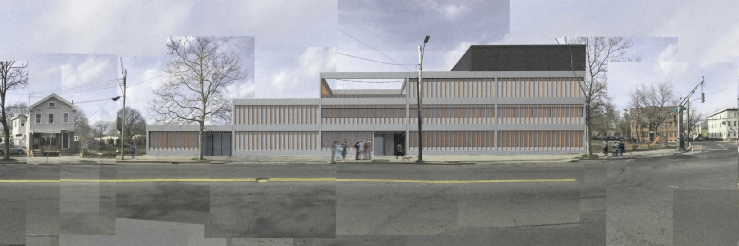 Street elevation collage of the theater's low, pale facade between existing houses and bare trees — from Jack Rusk's Everyday Acts, a community theater on Dixwell Avenue (Yale School of Architecture, Fall 2020)