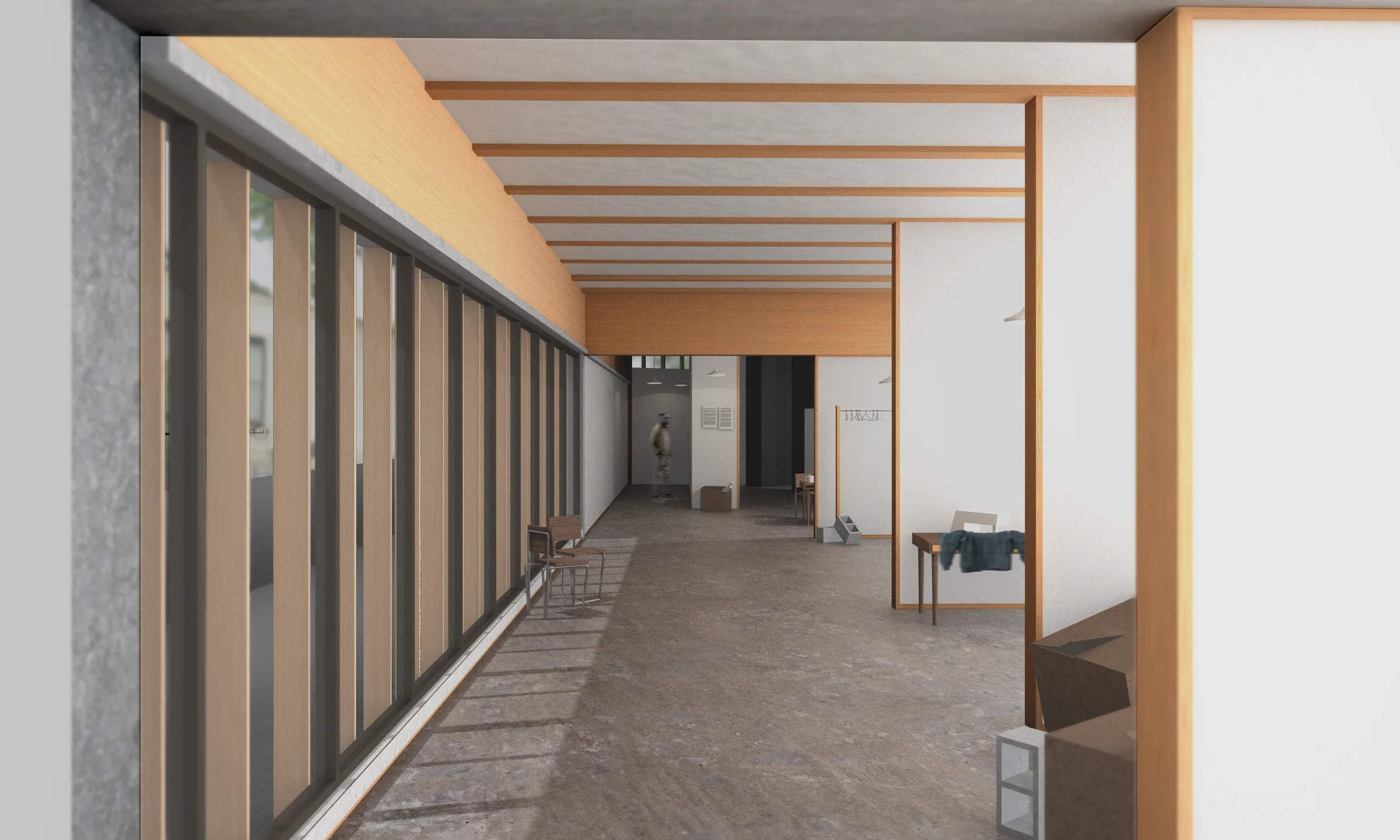 Interior rendering of a long, sunlit enfilade with timber beams, tall windows and workshop tables — from Jack Rusk's Everyday Acts, a community theater on Dixwell Avenue (Yale School of Architecture, Fall 2020)