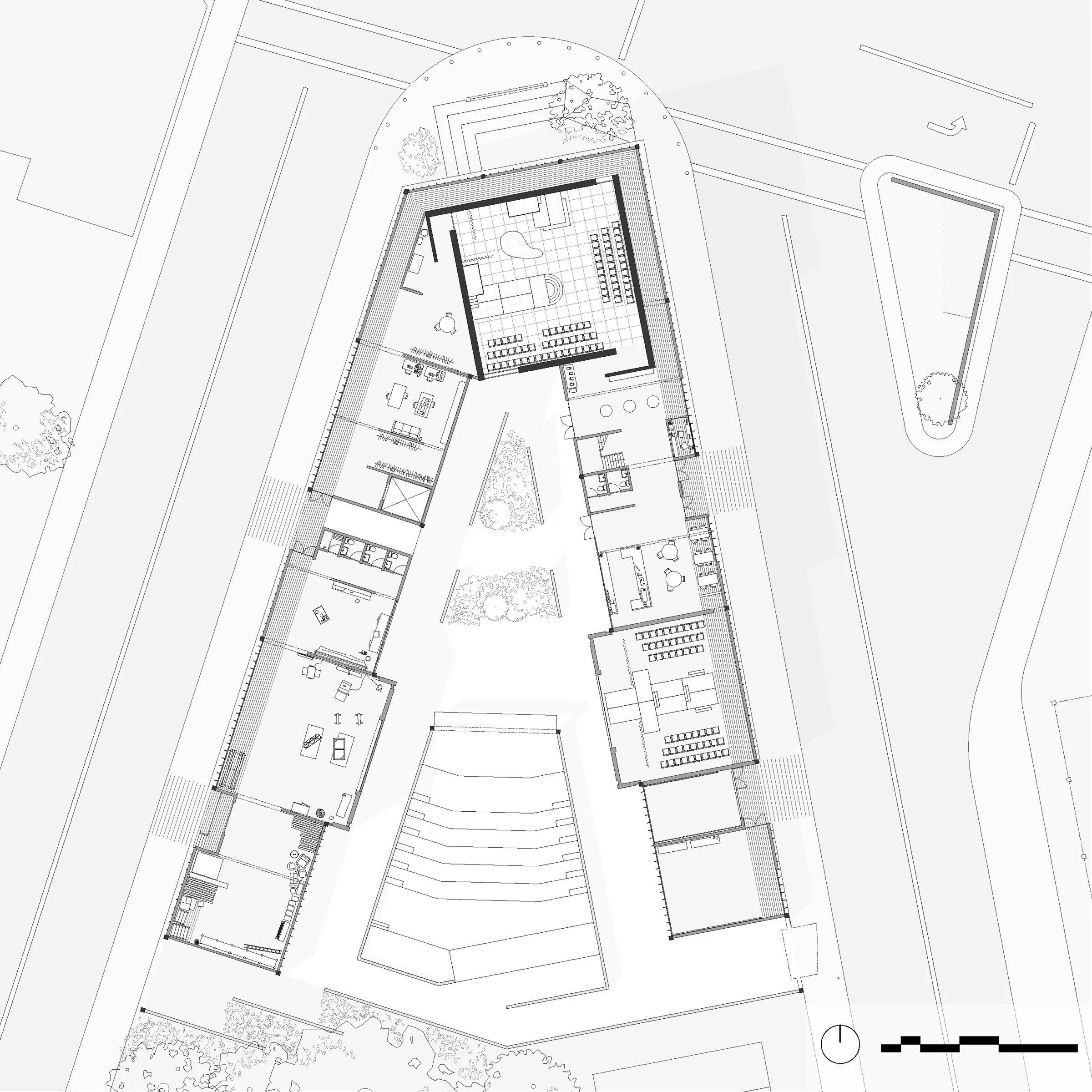 Ground-floor plan of the theater on its triangular block, with rooms wrapping a courtyard and outdoor amphitheater — from Jack Rusk's Everyday Acts, a community theater on Dixwell Avenue (Yale School of Architecture, Fall 2020)