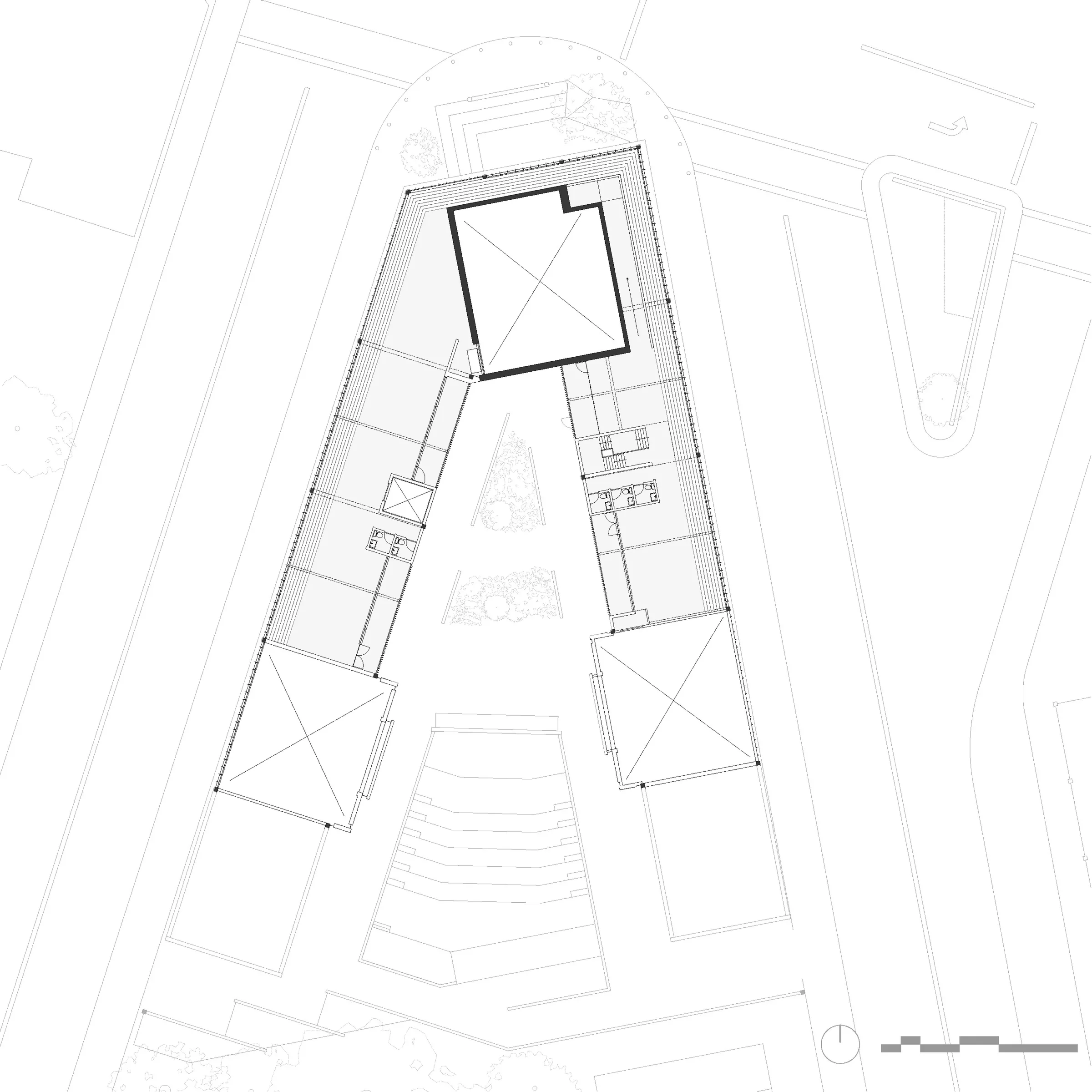 Second-floor plan of the theater complex, showing its two wings around the courtyard — from Jack Rusk's Everyday Acts, a community theater on Dixwell Avenue (Yale School of Architecture, Fall 2020)