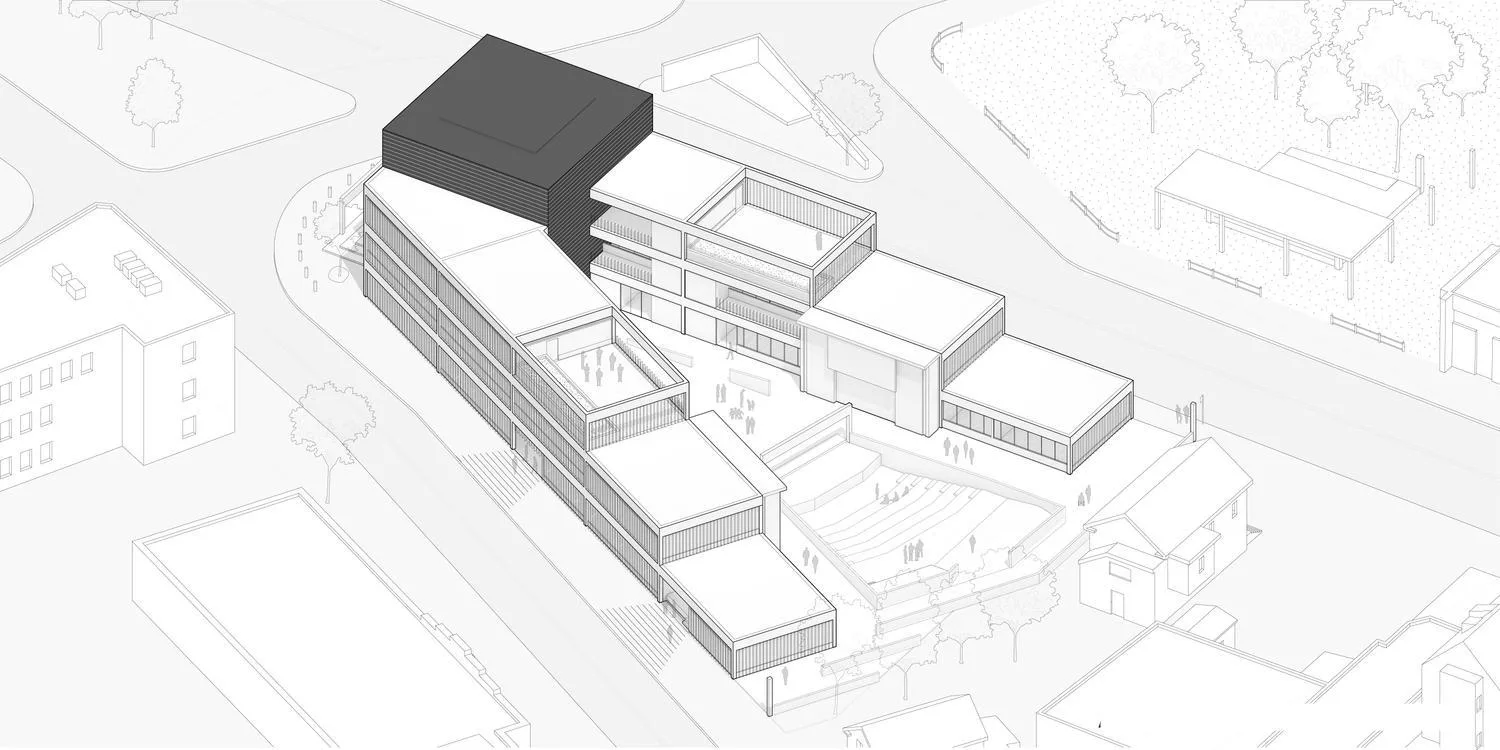 Axonometric drawing of a stepped three-storey theater complex wrapped around an outdoor amphitheater on a triangular corner site — from Jack Rusk's Everyday Acts, a community theater on Dixwell Avenue (Yale School of Architecture, Fall 2020)
