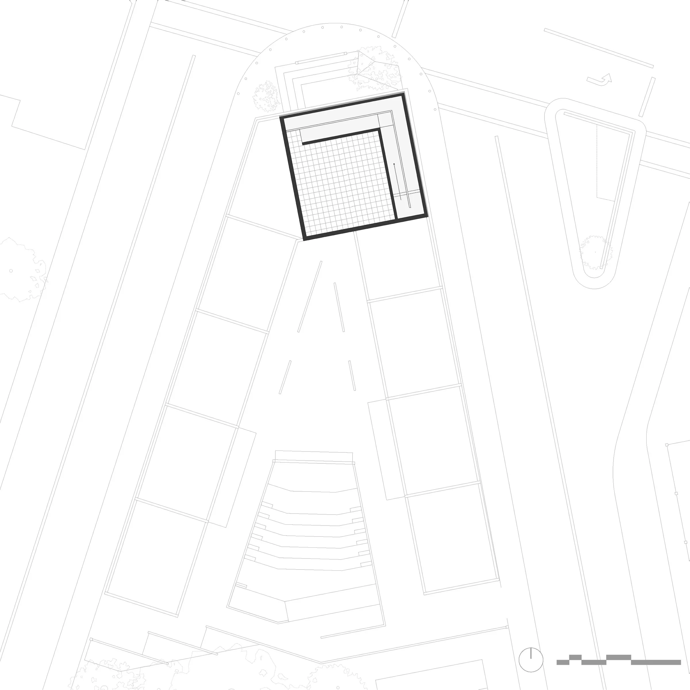 Upper-floor plan showing the theater's top volume — from Jack Rusk's Everyday Acts, a community theater on Dixwell Avenue (Yale School of Architecture, Fall 2020)