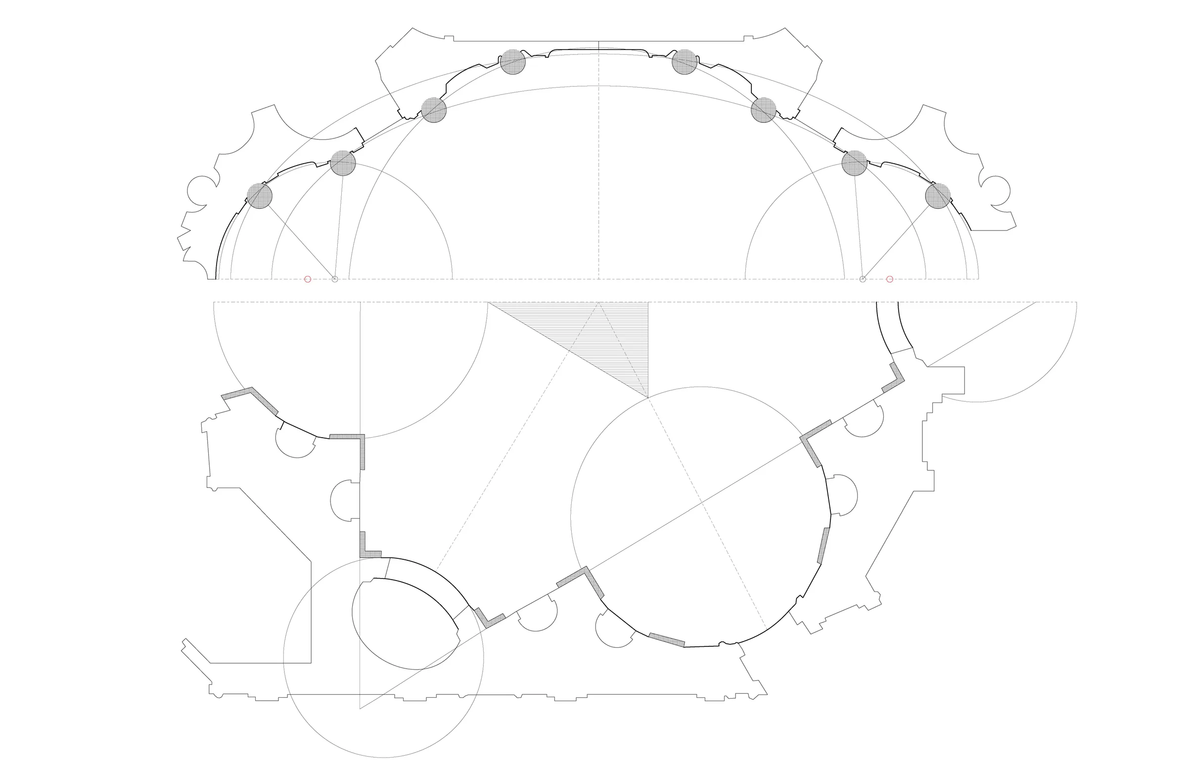 Geometric construction drawing analysing the curved plan of a Borromini church — from Jack Rusk's Formal Analysis studies (Yale School of Architecture, Fall 2019)