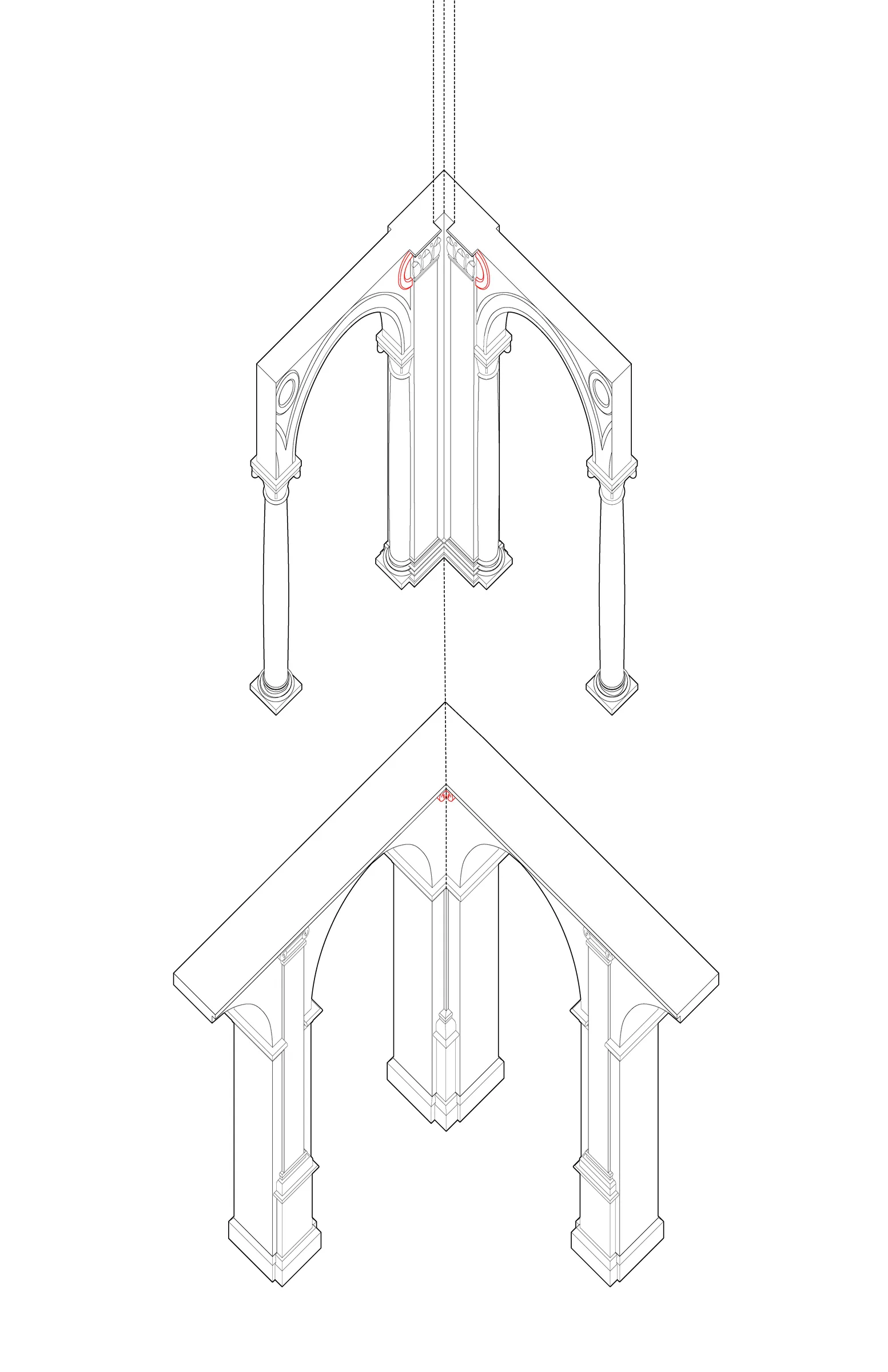 Line drawing of paired pointed arches exploded vertically, from the Bramante study — from Jack Rusk's Formal Analysis studies (Yale School of Architecture, Fall 2019)