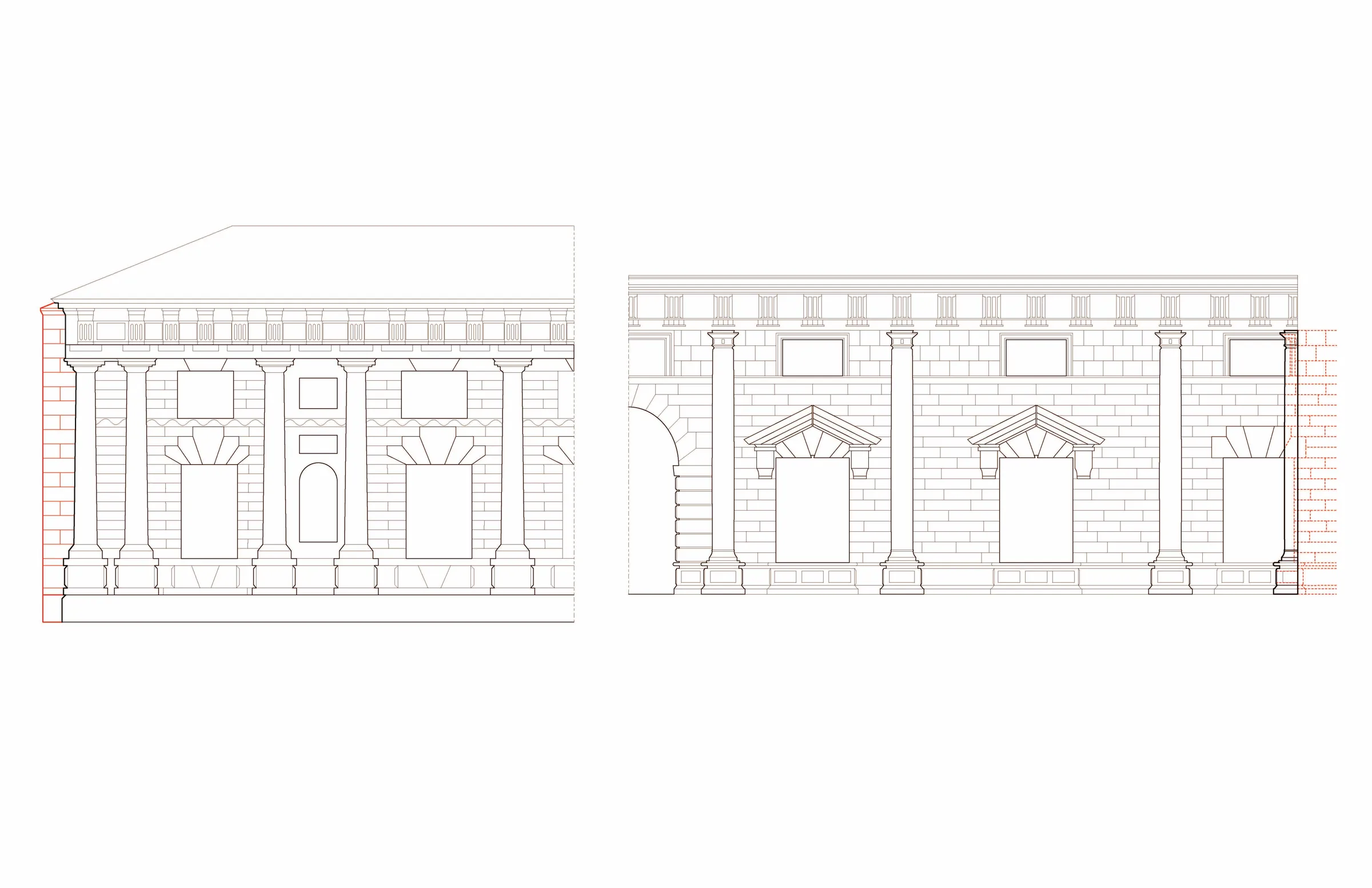 Elevation drawings of a rusticated Renaissance facade after Giulio Romano — from Jack Rusk's Formal Analysis studies (Yale School of Architecture, Fall 2019)