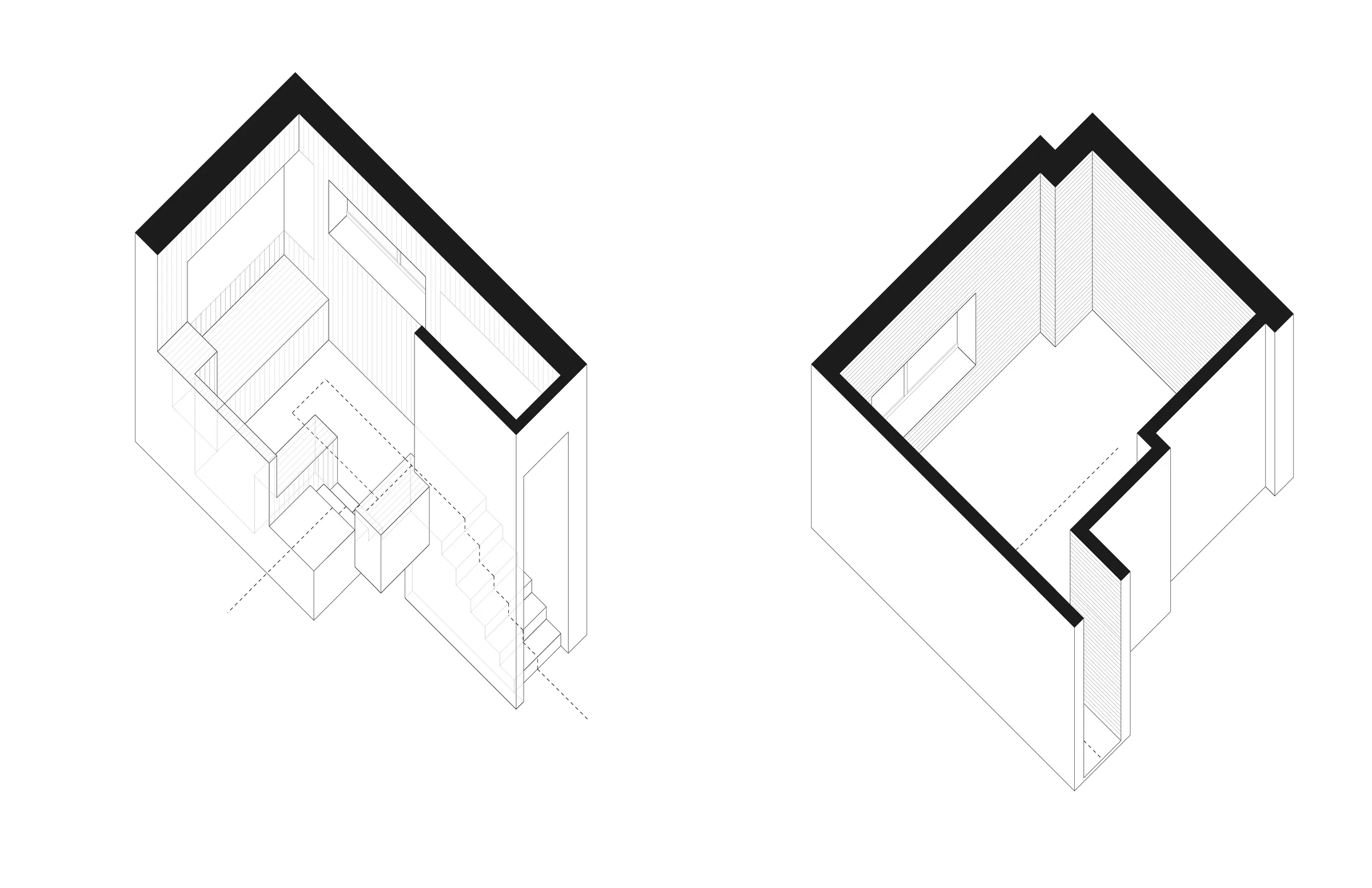 Cut-away axonometrics of two rooms of Adolf Loos's Villa Müller — from Jack Rusk's Formal Analysis studies (Yale School of Architecture, Fall 2019)