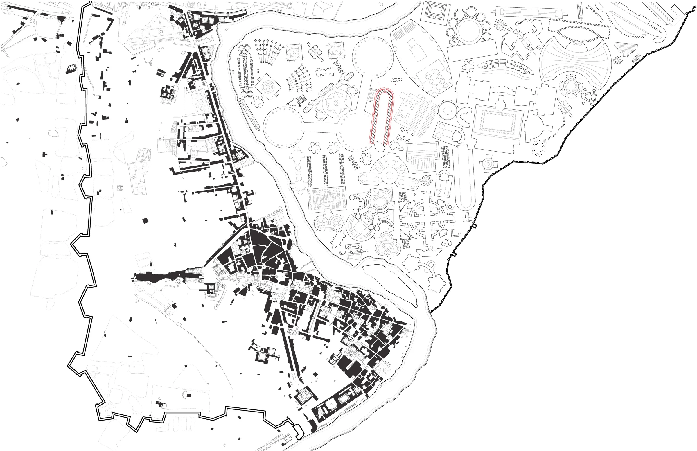 Black-and-white figure-ground plan of dense historic city fabric beside an oval landscape of monuments, after Nolli and Piranesi — from Jack Rusk's Formal Analysis studies (Yale School of Architecture, Fall 2019)