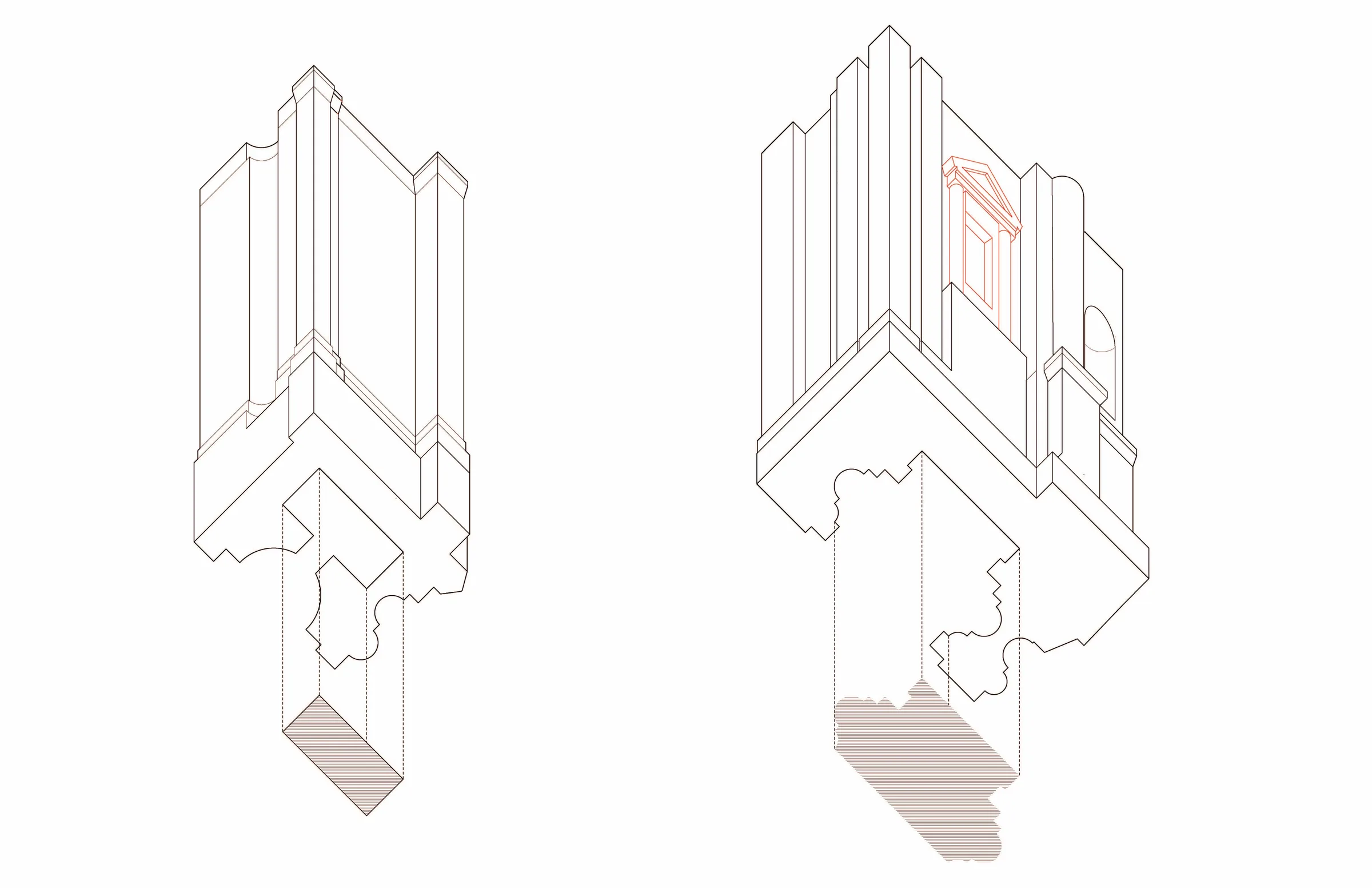 Exploded axonometrics of wall and pilaster fragments, from the Palladio study — from Jack Rusk's Formal Analysis studies (Yale School of Architecture, Fall 2019)