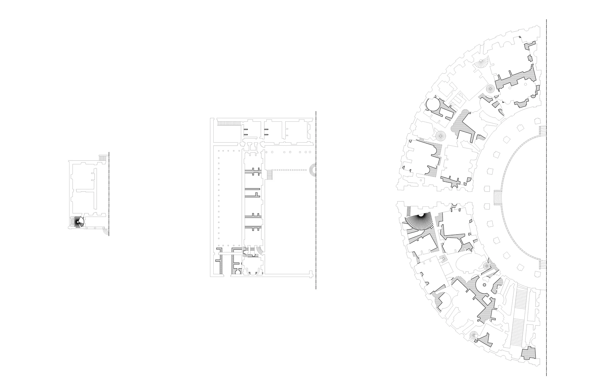 Figure-ground plans of three buildings at different scales, including a curved courtyard fabric, from the Serlio study — from Jack Rusk's Formal Analysis studies (Yale School of Architecture, Fall 2019)