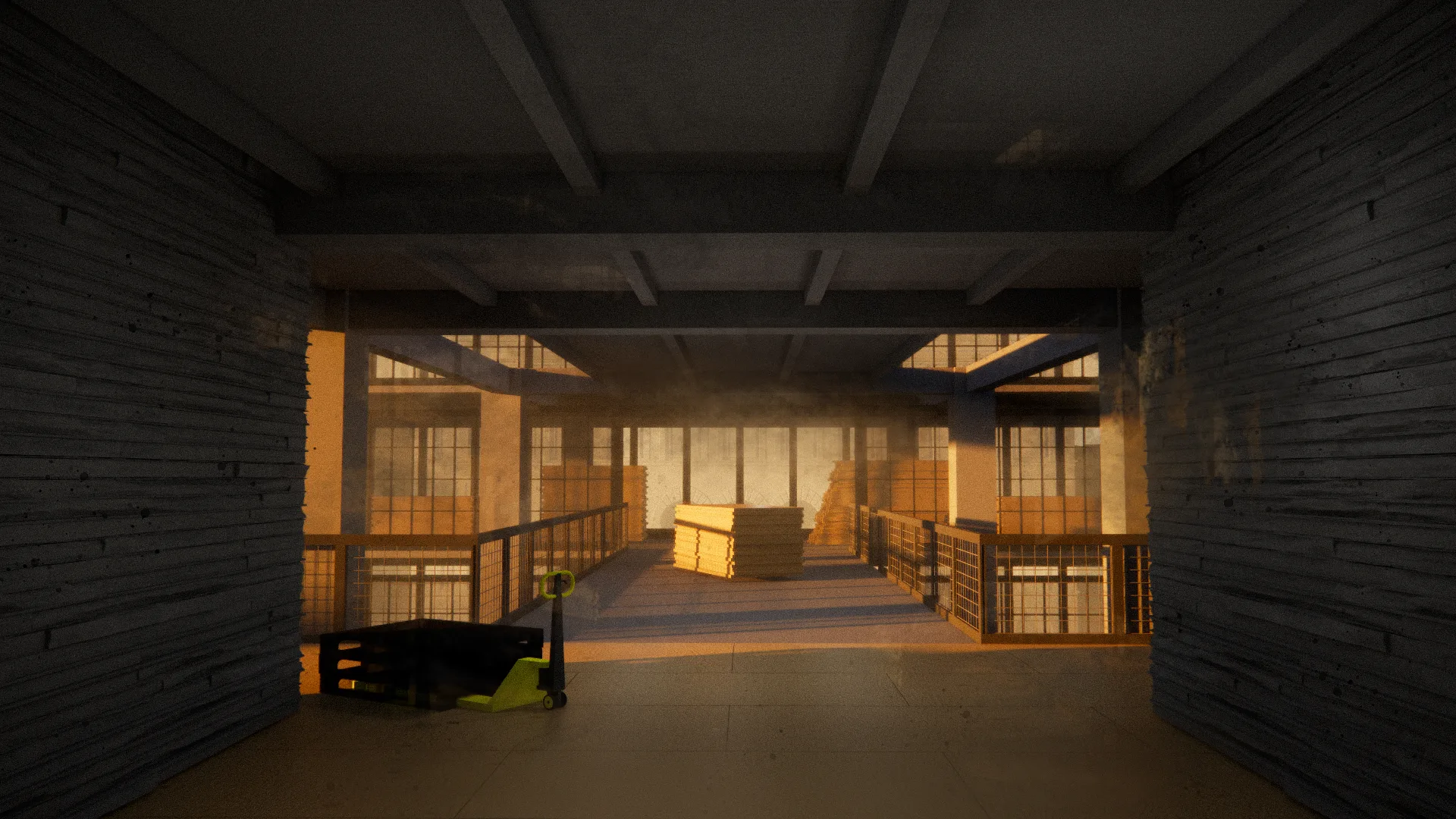 Rendering of a dim timber-clad corridor opening onto a warm-lit construction training hall with a pallet jack — from Jack Rusk's 'Like an army of soldiers or like a meadow' (Yale School of Architecture, Fall 2021)