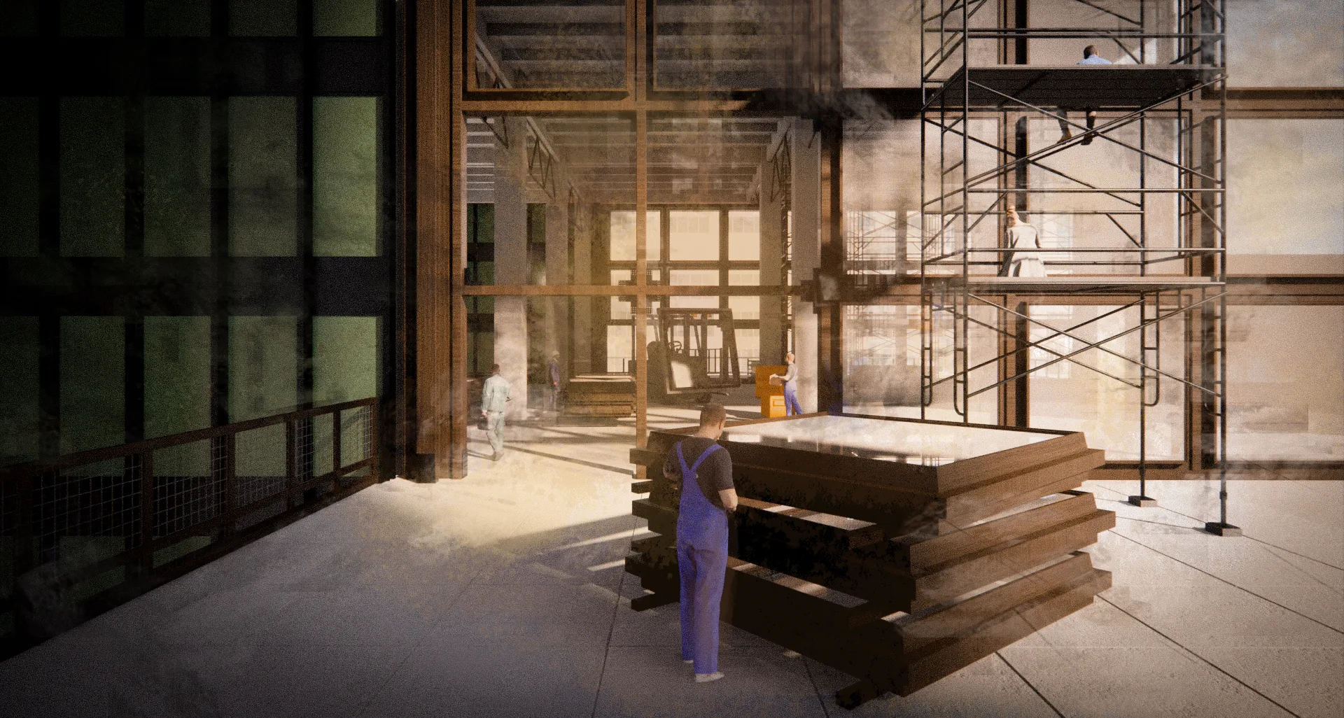 Rendering of curtain-wall testing inside the tower, with steam, scaffolding and a worker at a mock-up — from Jack Rusk's 'Like an army of soldiers or like a meadow' (Yale School of Architecture, Fall 2021)