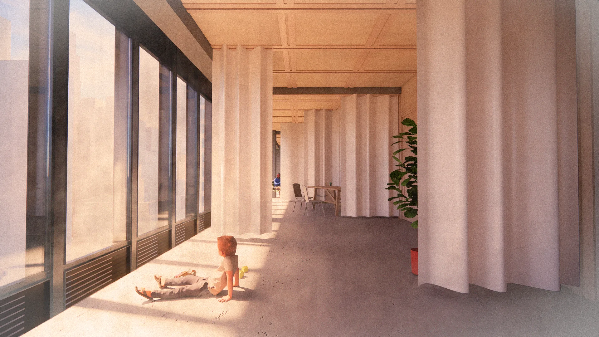 Rendering of a sunlit housing floor with tall curtains and a child sitting by the glazing — from Jack Rusk's 'Like an army of soldiers or like a meadow' (Yale School of Architecture, Fall 2021)