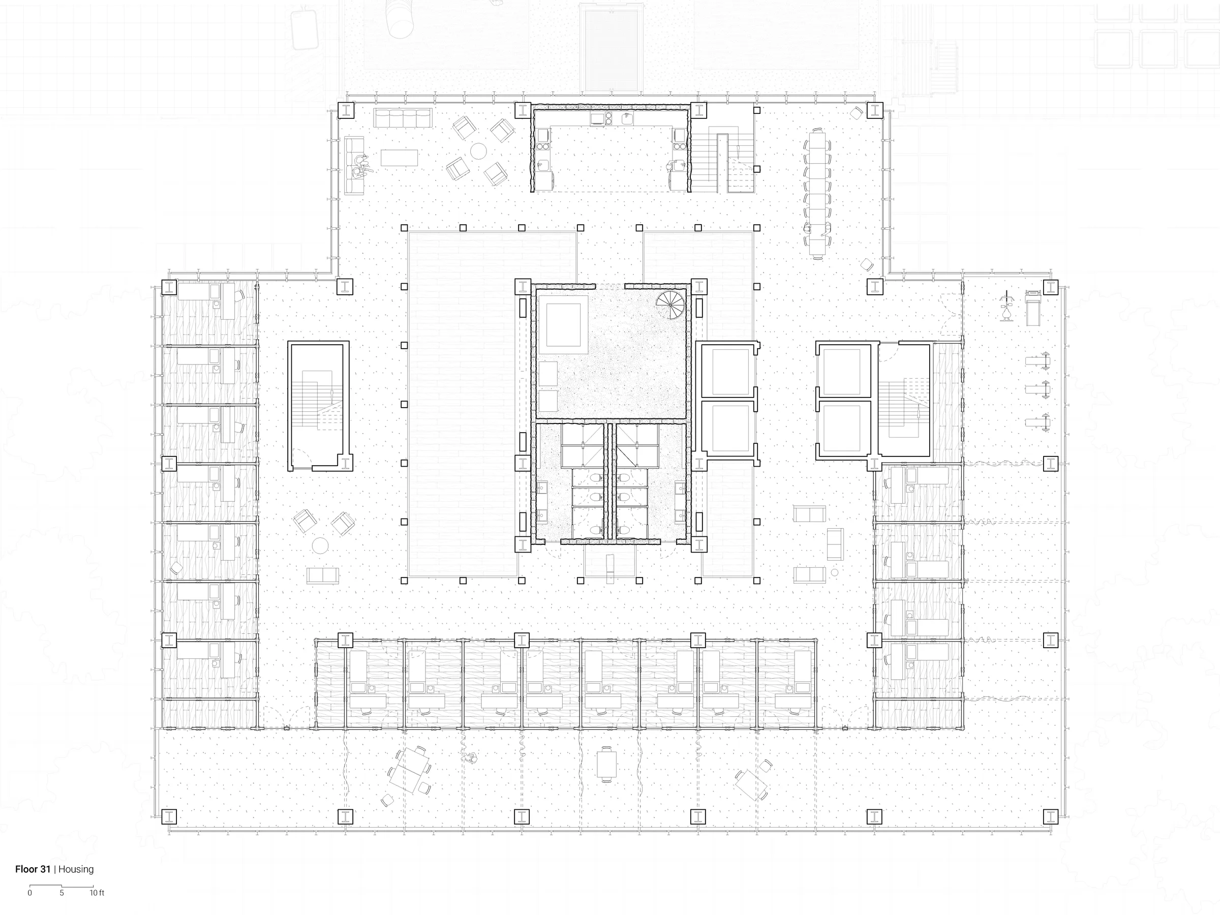 Floor plan of a housing floor (Floor 21) in the converted tower, with units around a central core — from Jack Rusk's 'Like an army of soldiers or like a meadow' (Yale School of Architecture, Fall 2021)