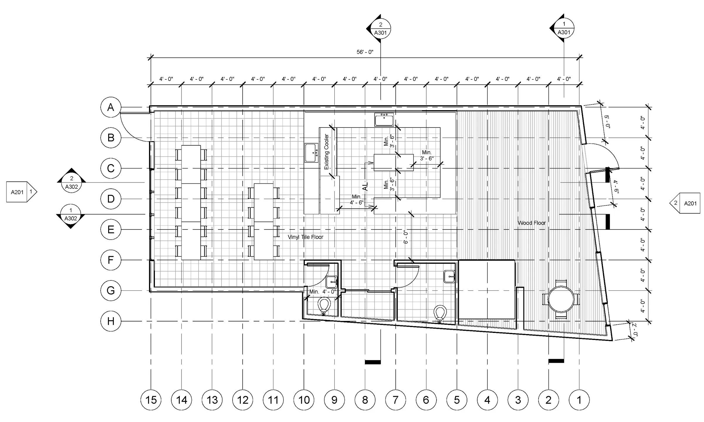 Bid-set floor plan of the flower shop with gridlines and dimensions — from the Mae Flower Shop by Jack Rusk and collaborators (Yale School of Architecture, Summer 2020)