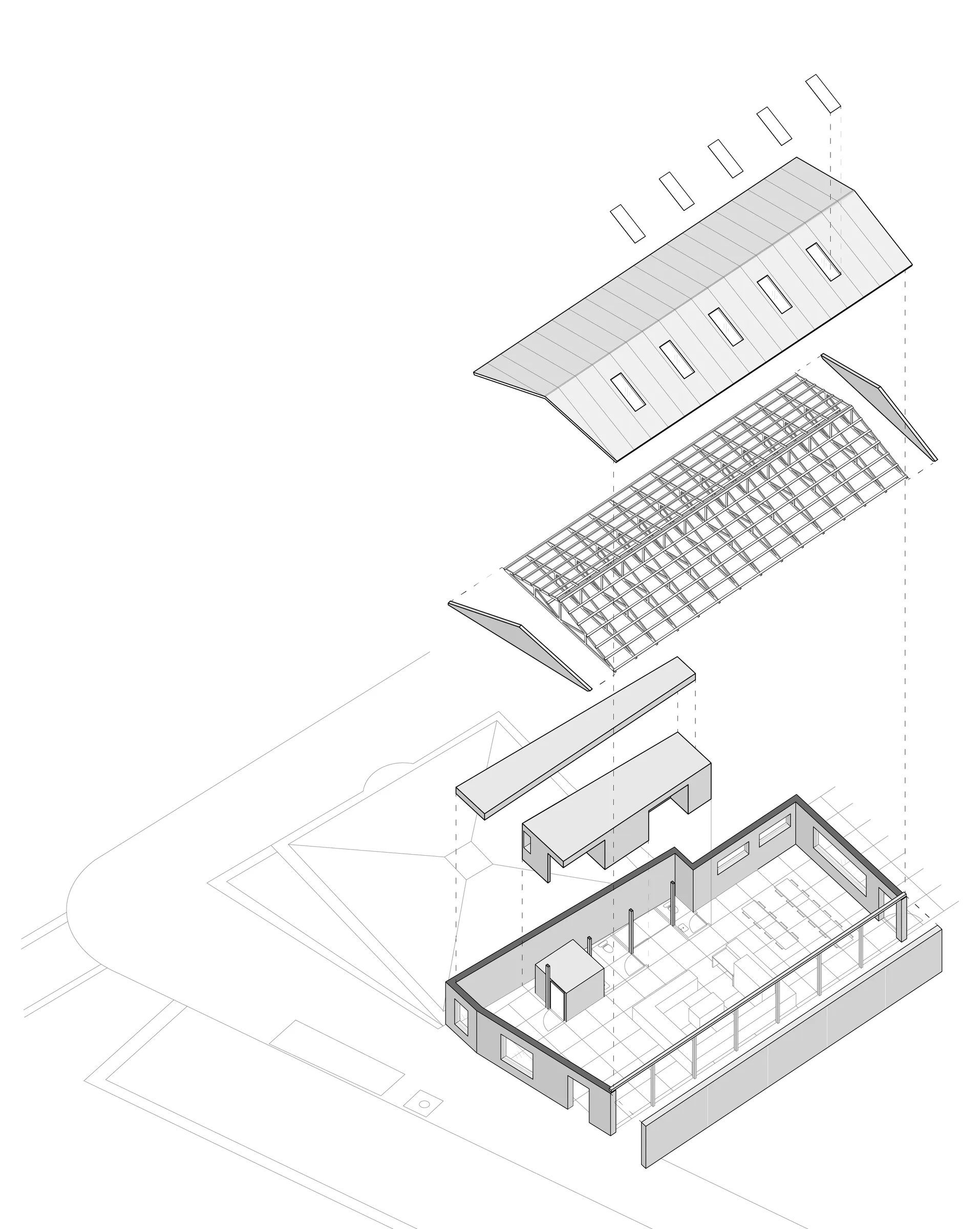 Exploded axonometric of the flower shop building, from roof skylights to floor — from the Mae Flower Shop by Jack Rusk and collaborators (Yale School of Architecture, Summer 2020)