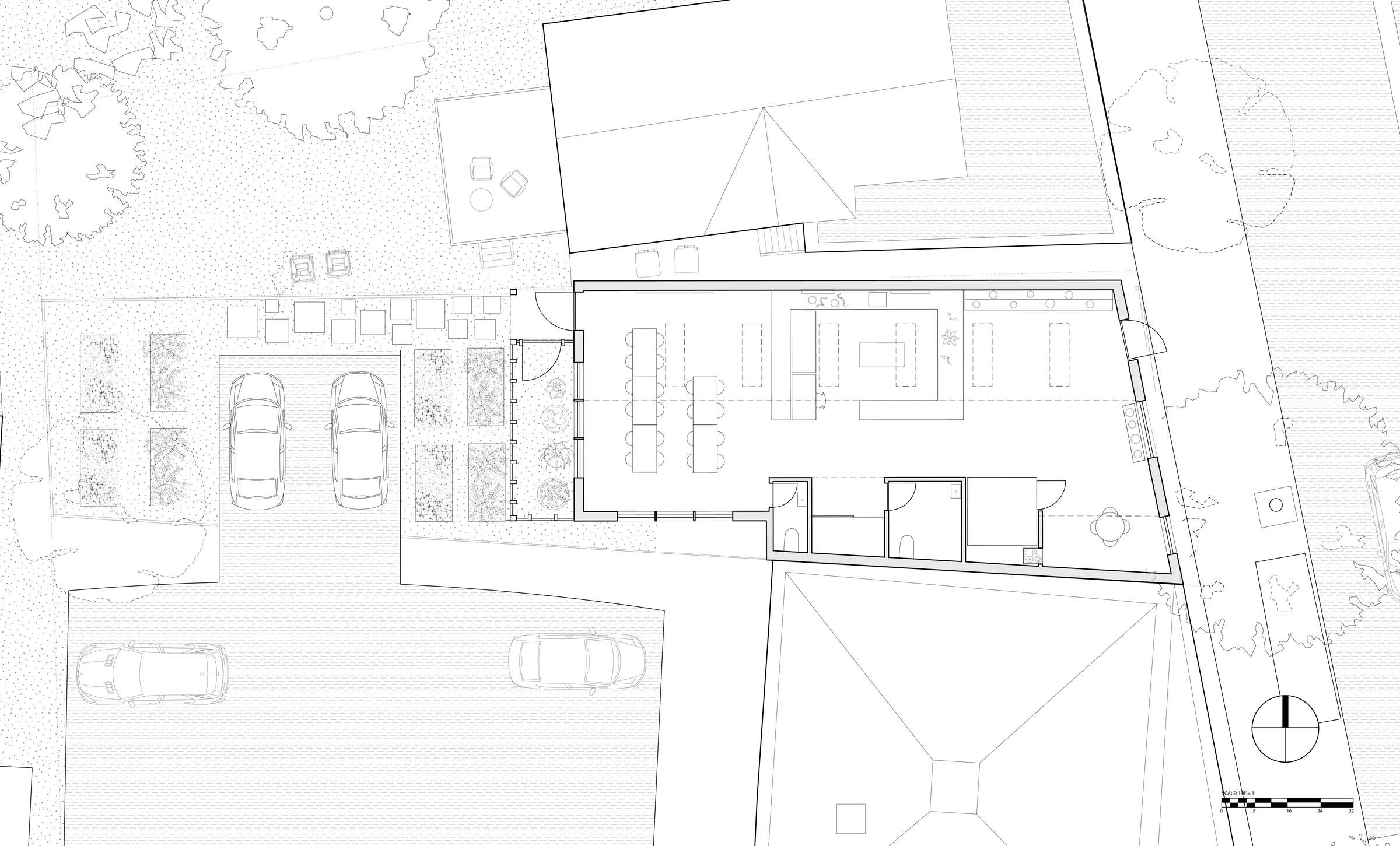 Site plan of the flower shop with parking, planting beds and the shop's floor layout — from the Mae Flower Shop by Jack Rusk and collaborators (Yale School of Architecture, Summer 2020)