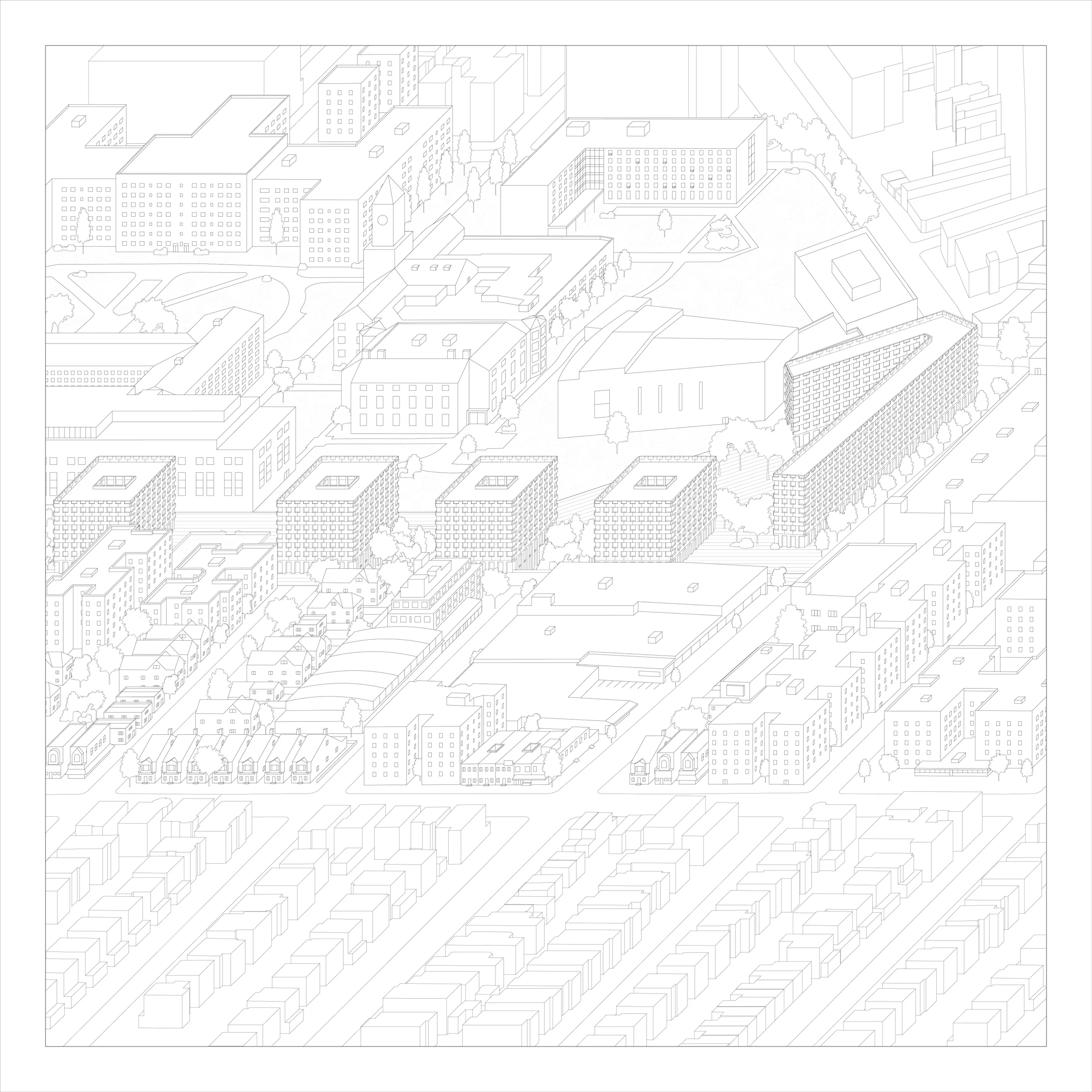 Line axonometric of housing blocks near Brooklyn College, set over the rail cut — from Many roads to follow by Jack Rusk with Adare Brown (Yale School of Architecture, Spring 2022)