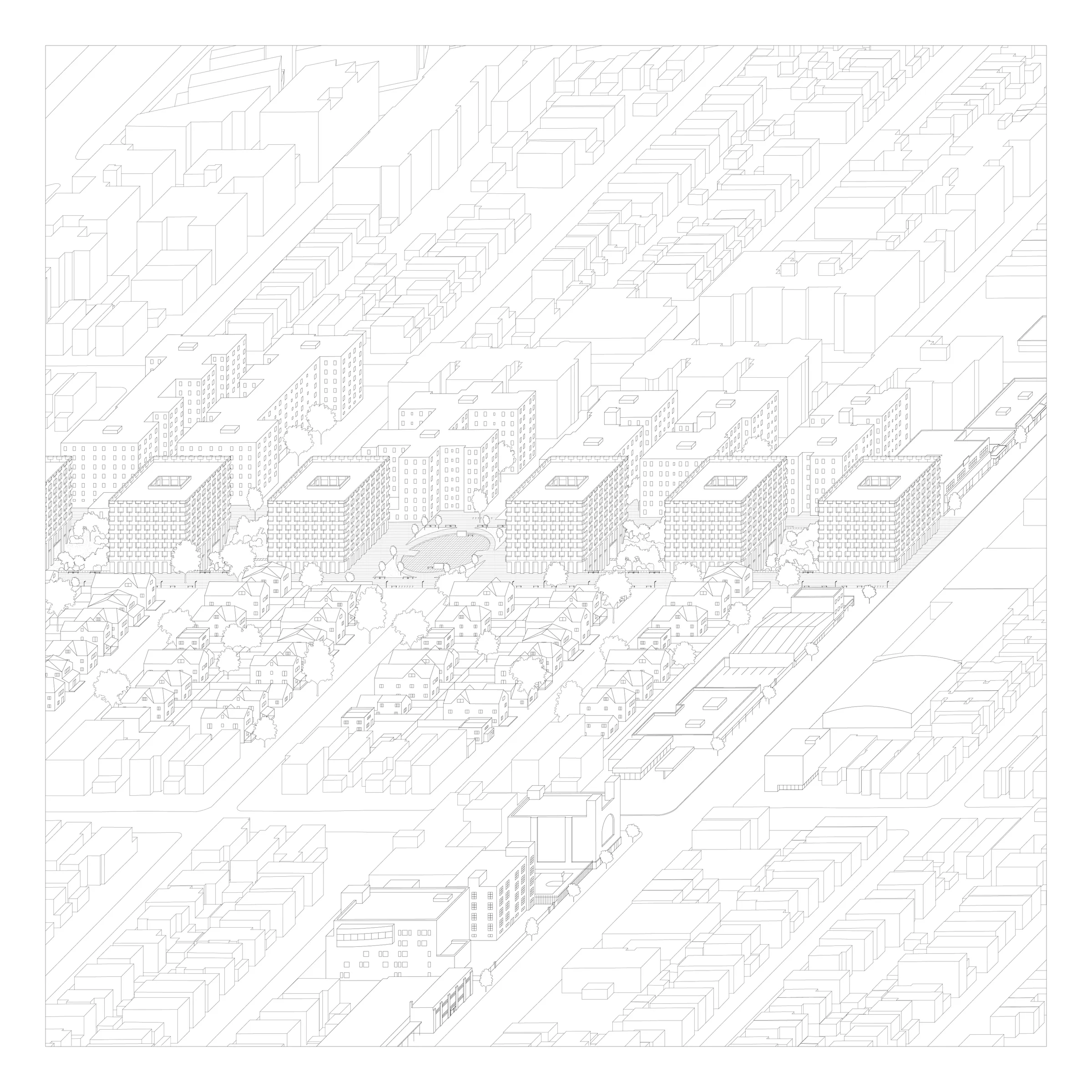 Line axonometric of a row of courtyard housing blocks set into the Brooklyn grid along Coney Island Avenue — from Many roads to follow by Jack Rusk with Adare Brown (Yale School of Architecture, Spring 2022)
