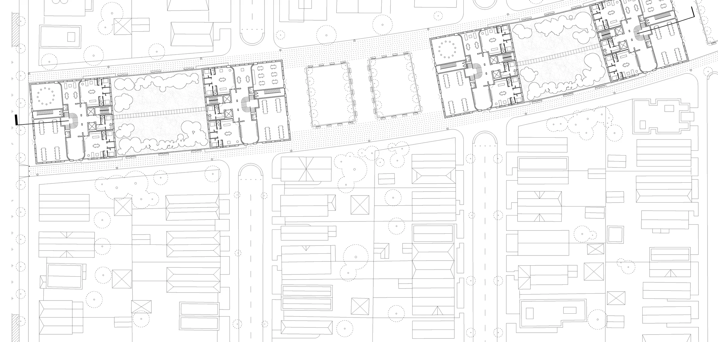 Site plan of courtyard housing blocks along the rail corridor in South Brooklyn — from Many roads to follow by Jack Rusk with Adare Brown (Yale School of Architecture, Spring 2022)