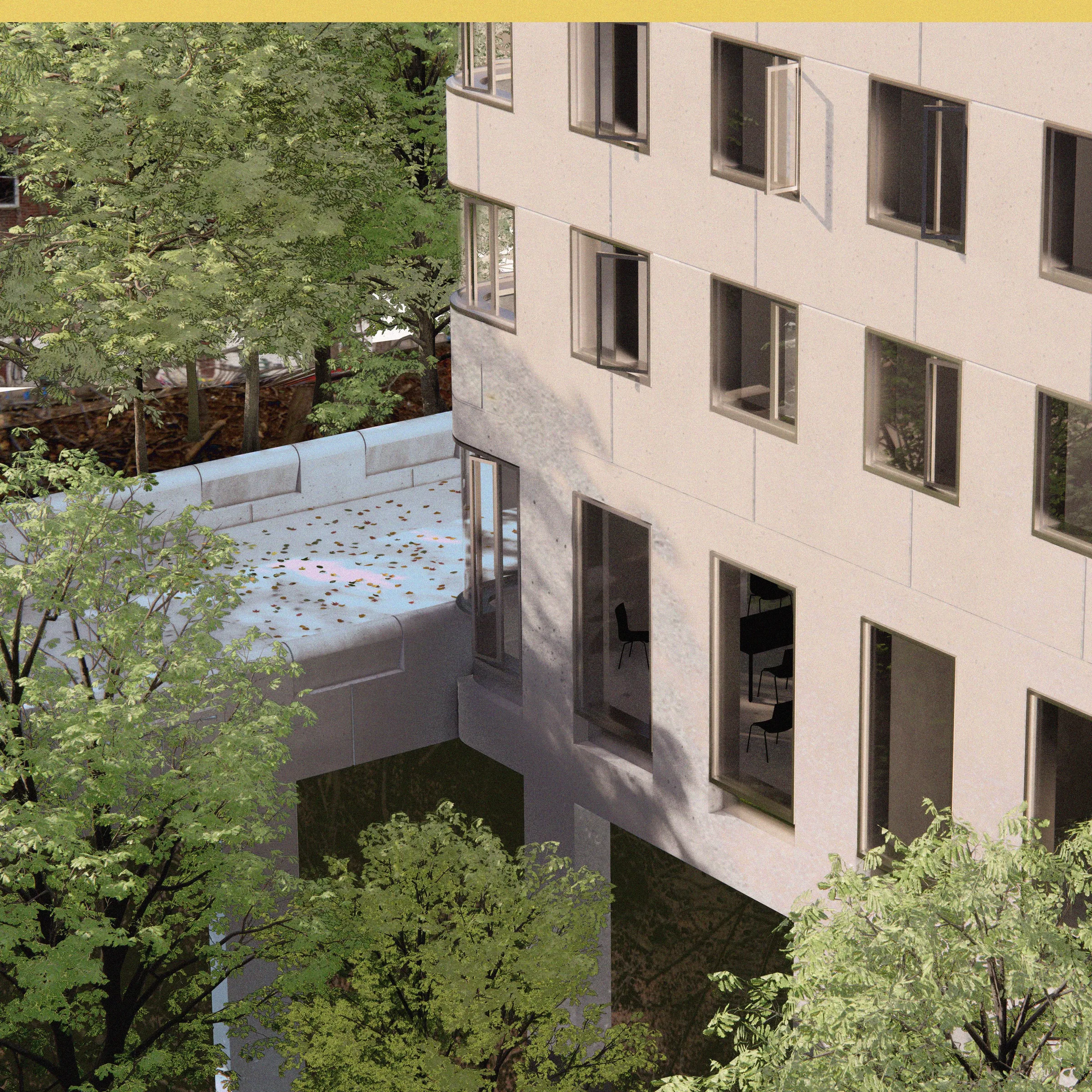 Rendering of a pale apartment block rising above a wooded courtyard and green roof — from Many roads to follow by Jack Rusk with Adare Brown (Yale School of Architecture, Spring 2022)