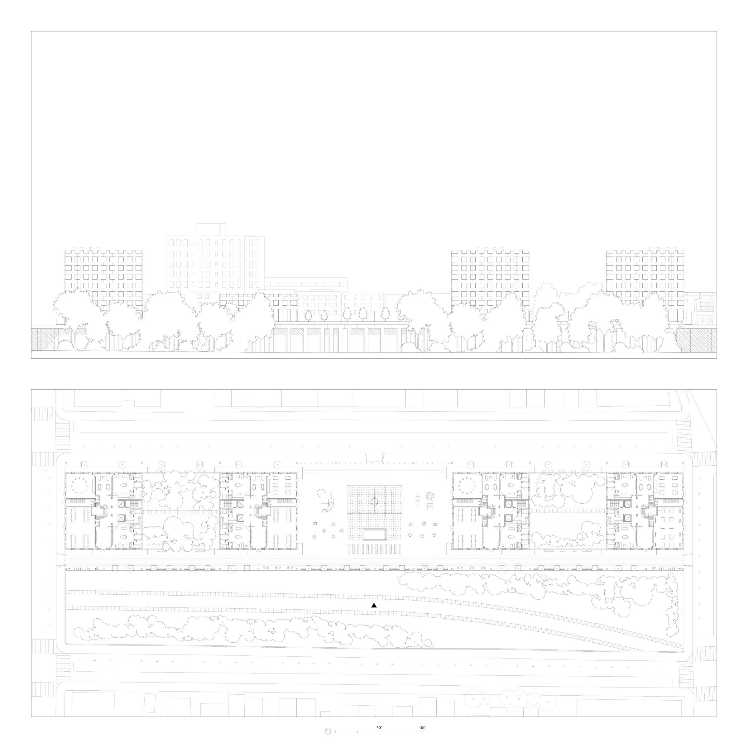 Elevation and plan of courtyard housing decked over the rail corridor at the first of two sites — from Many roads to follow by Jack Rusk with Adare Brown (Yale School of Architecture, Spring 2022)