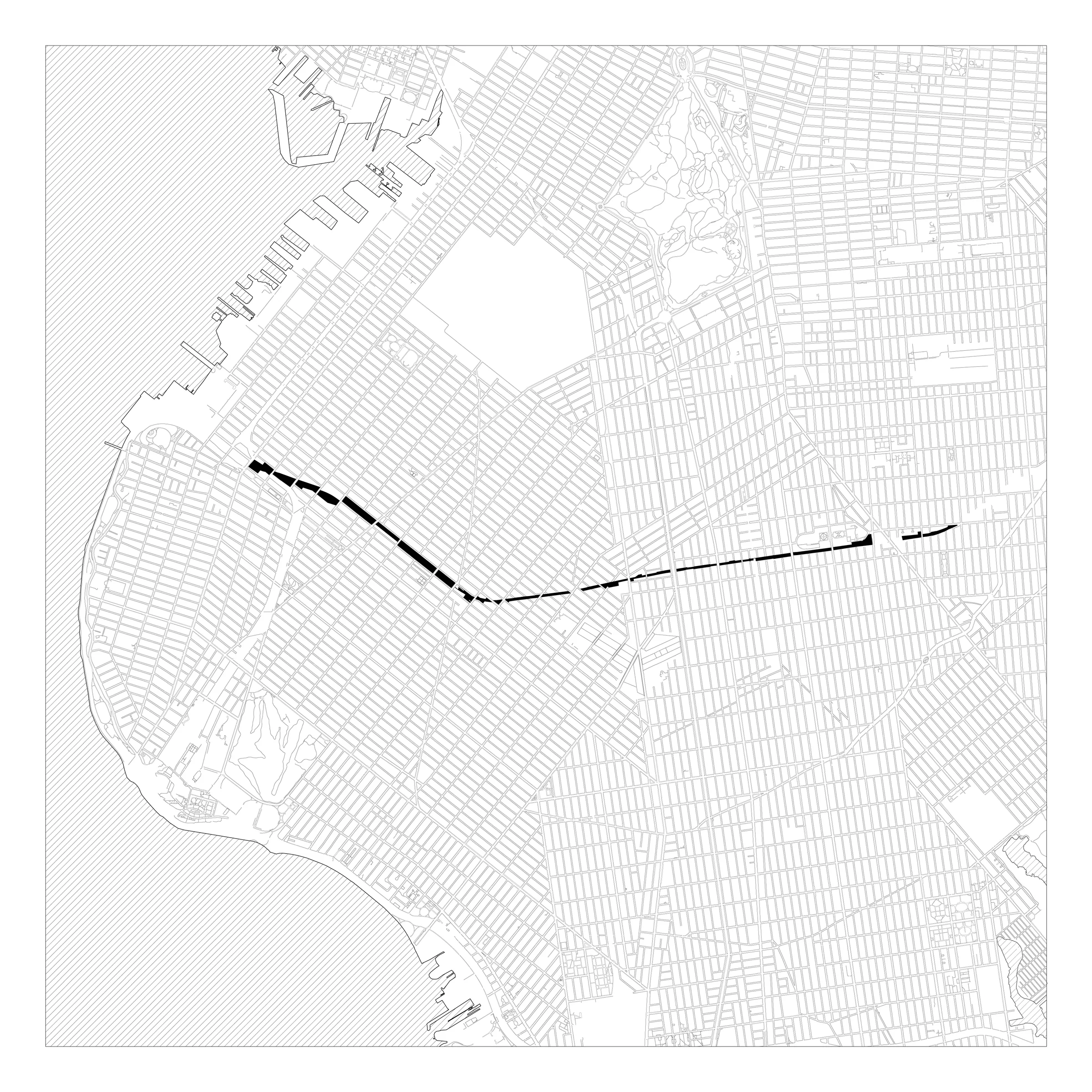 Map of South Brooklyn's street grid with the rail corridor marked as a thick black line — from Many roads to follow by Jack Rusk with Adare Brown (Yale School of Architecture, Spring 2022)