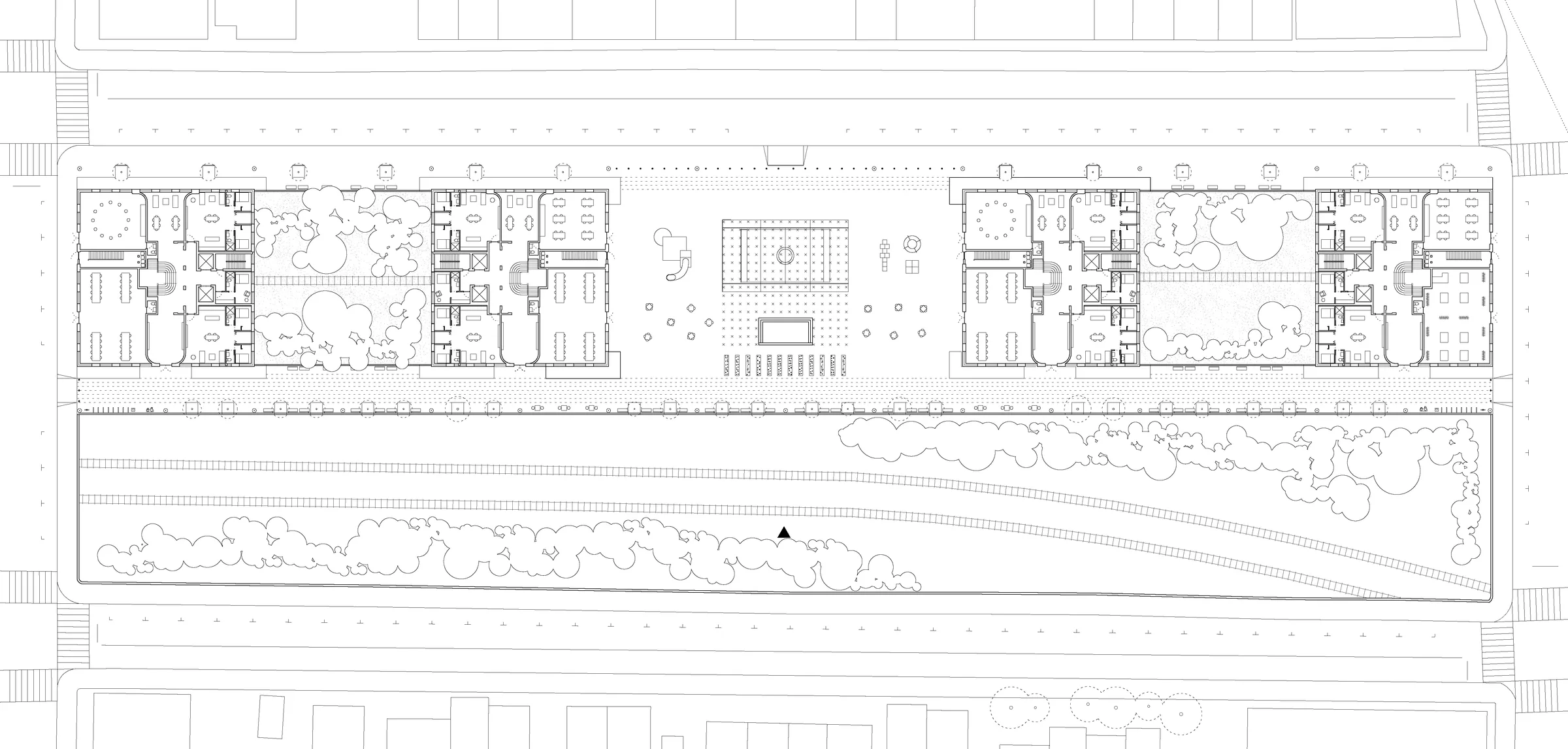 Site plan of courtyard housing decked over the South Brooklyn rail corridor — from Many roads to follow by Jack Rusk with Adare Brown (Yale School of Architecture, Spring 2022)
