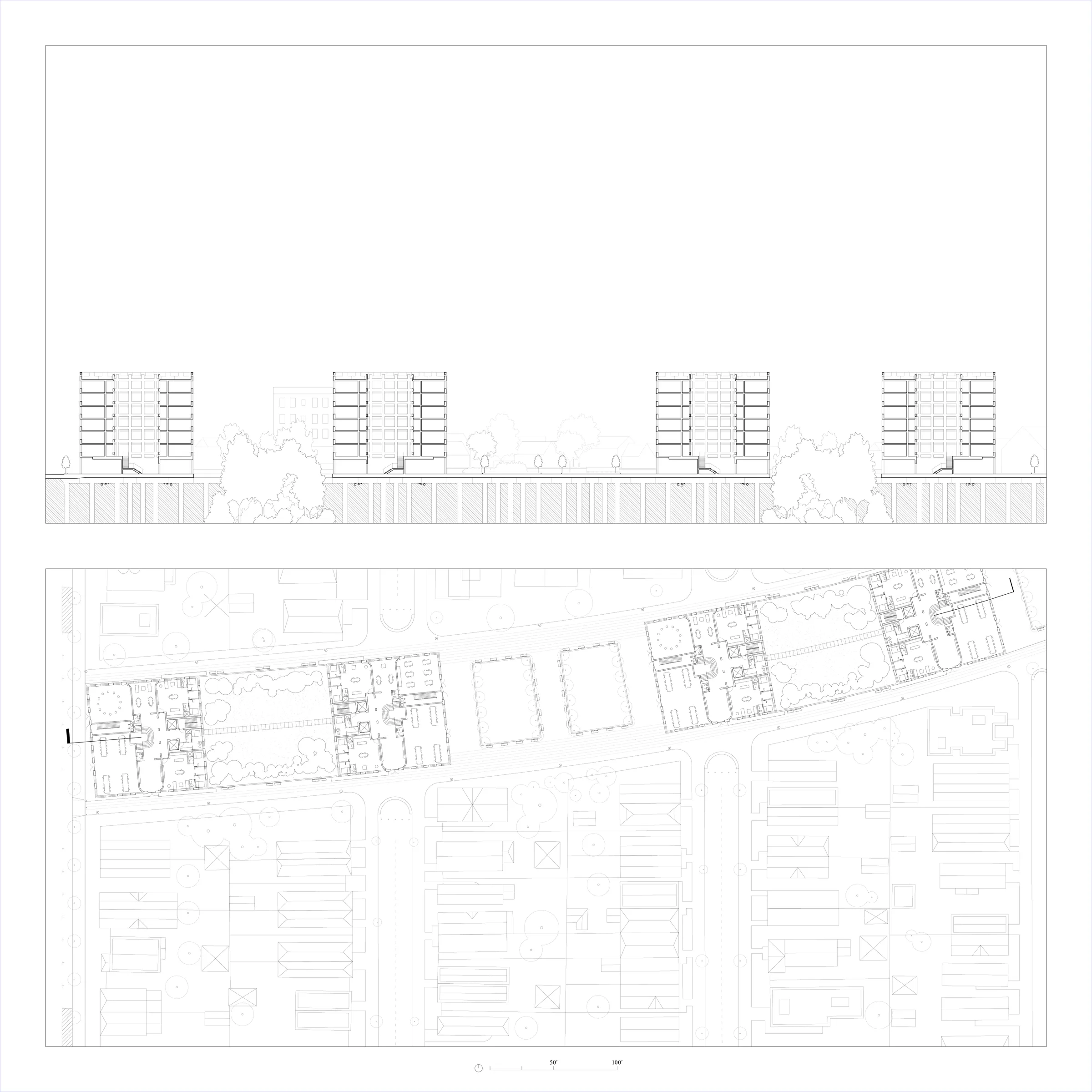 Elevation and plan of the housing at the second site, following the curve of the rail corridor — from Many roads to follow by Jack Rusk with Adare Brown (Yale School of Architecture, Spring 2022)