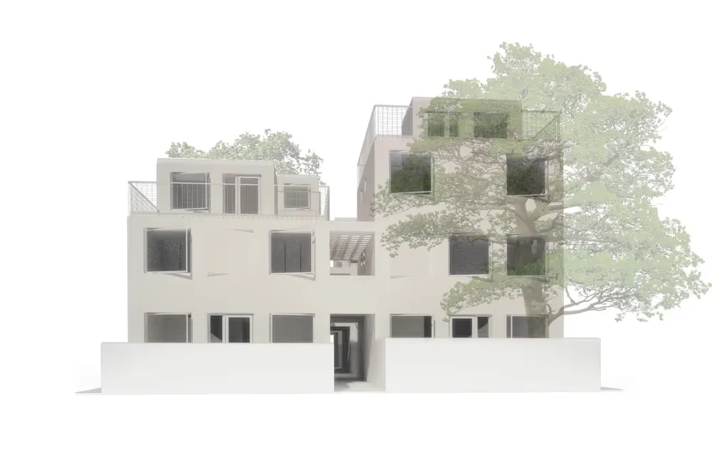 Massing model of townhouses with roof terraces behind a large tree — from the Pacific Mews housing project, to which Jack Rusk contributed
