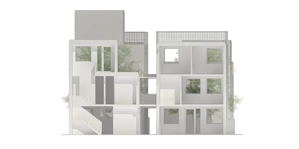 Sectional view of a stacked townhouse cluster with stairs and courtyards — from the Pacific Mews housing project, to which Jack Rusk contributed