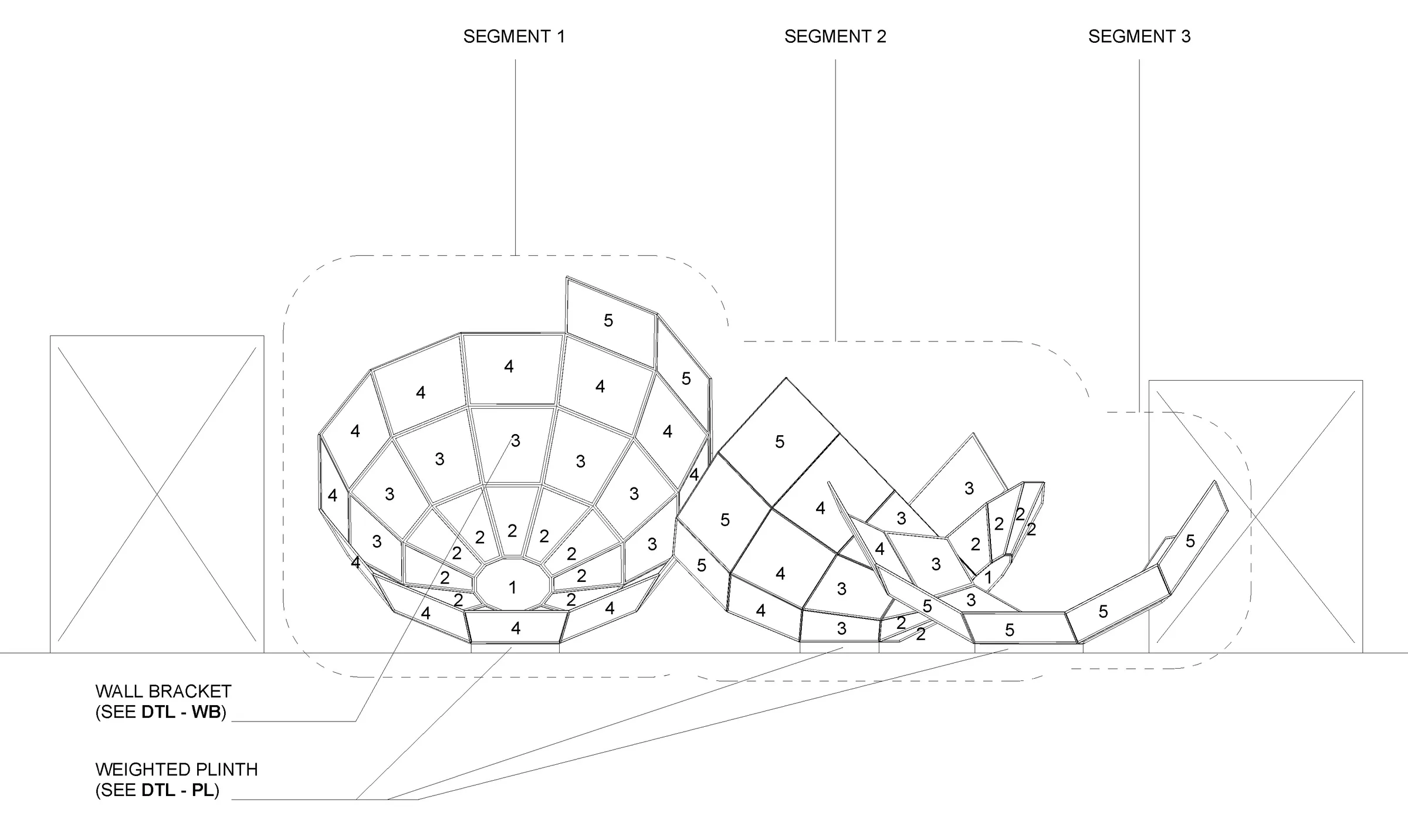 Elevation drawing of three numbered segments of faceted map panels with wall brackets and weighted plinths — 'The World Turned Inside Out', fabricated by Jack Rusk with Adare Brown, Christopher Cambio and Tyler Krebs for the 2021 Venice Biennale