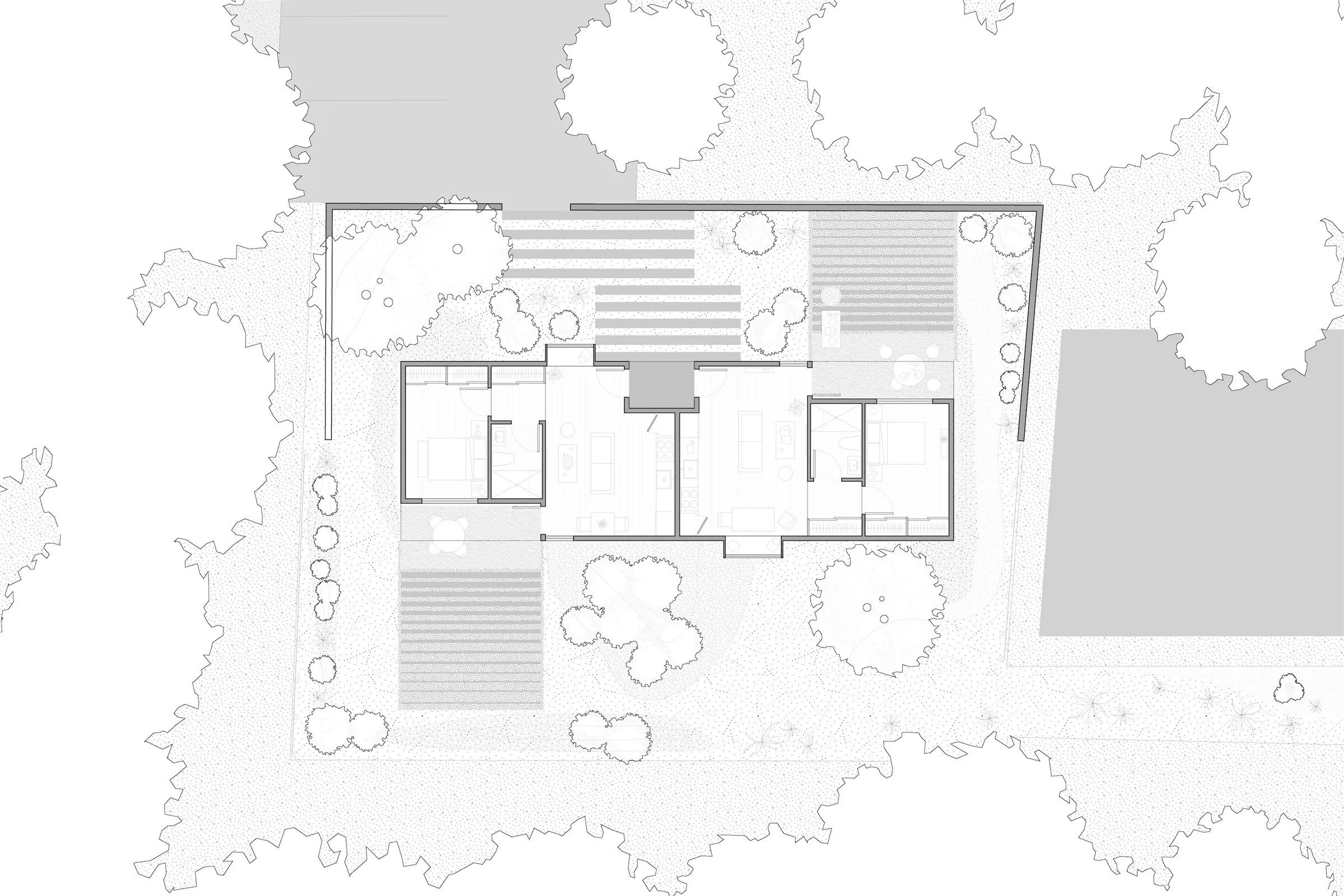 Building and site plan of a two-unit house among trees, with paths and gardens — from Transitional Housing, a two-unit dwelling by Jack Rusk and collaborators (Yale School of Architecture, Spring 2020)