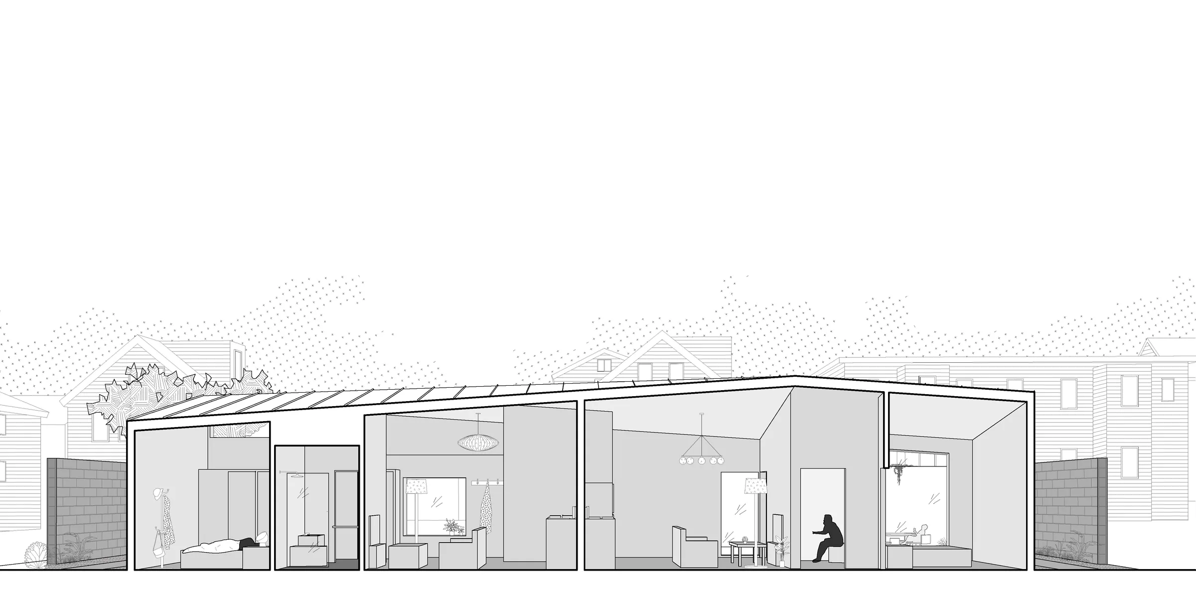 Perspectival section through the house showing rooms, furniture and a figure at a table under the skylit roof — from Transitional Housing, a two-unit dwelling by Jack Rusk and collaborators (Yale School of Architecture, Spring 2020)