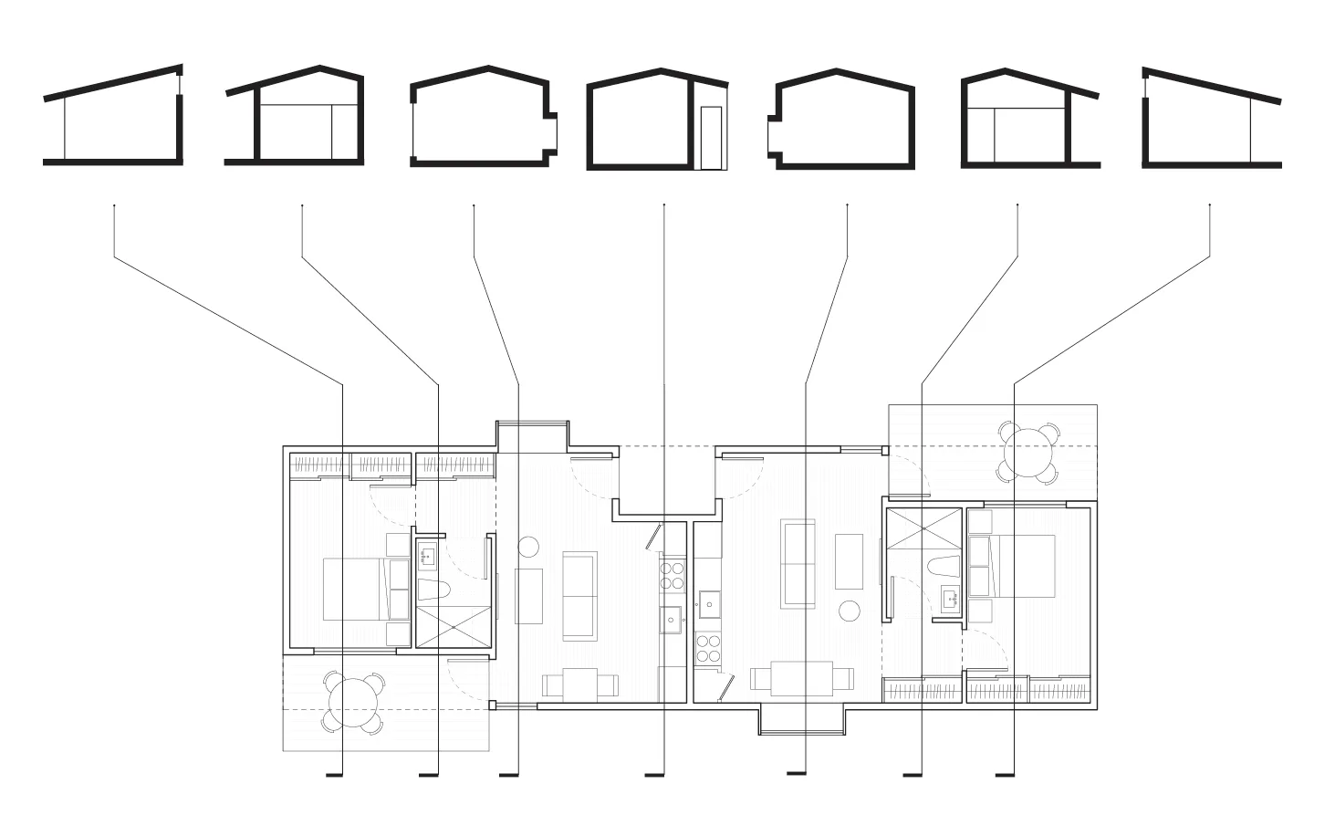 Sequence of seven sections keyed to the plan of the two-unit house — from Transitional Housing, a two-unit dwelling by Jack Rusk and collaborators (Yale School of Architecture, Spring 2020)