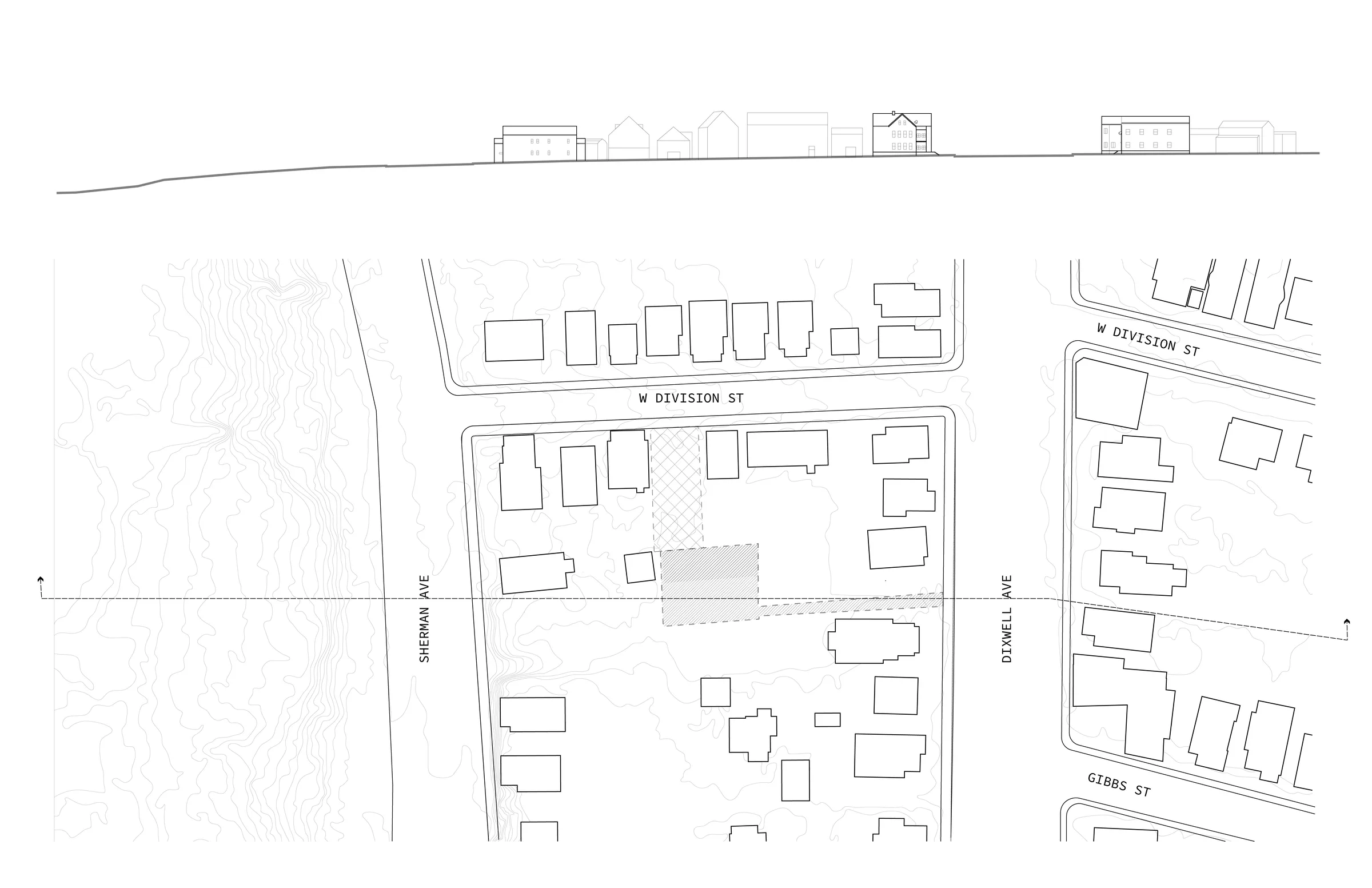 Site plan and street section showing the house's lot on West Division Street in New Haven — from Transitional Housing, a two-unit dwelling by Jack Rusk and collaborators (Yale School of Architecture, Spring 2020)