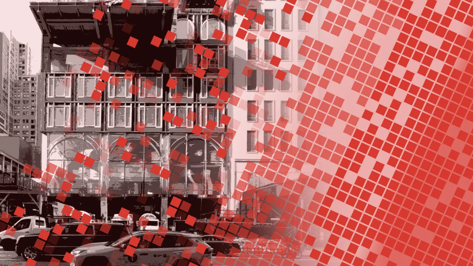 AIA New York's Driving Digital Decarbonization symposium artwork: a red-tinted photo of a Manhattan street with taxis and a cast-iron building, dissolving into a grid of red squares