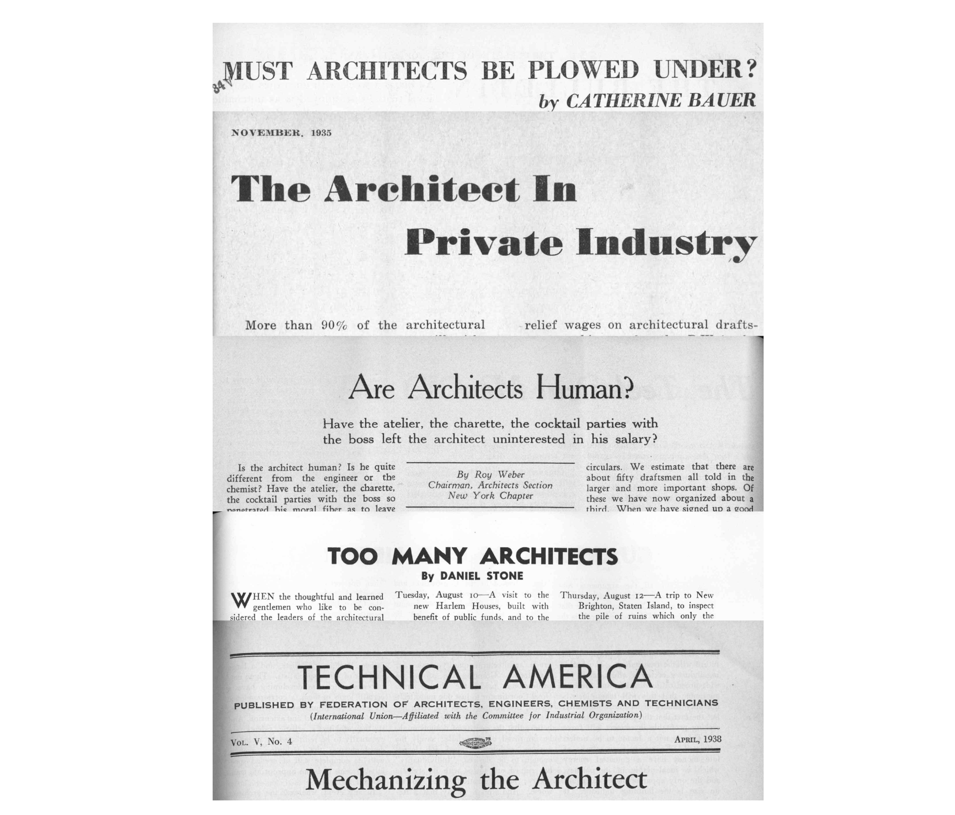 Scanned page of a 1935 article 'Must Architects Be Plowed Under?' by Catherine Bauer, exploring the political organization of the architecture profession