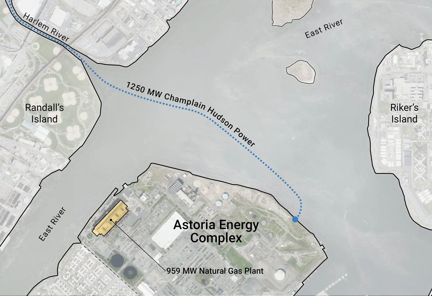 Map showing the location and context of the Astoria Energy Complex in Queens, New York, exploring urban infrastructure and energy transition