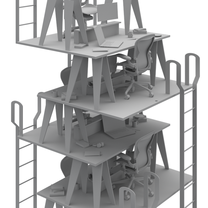 Multi-tiered storage rack holding three desks with office equipment, illustrating the concept of served and servant spaces in contemporary architecture