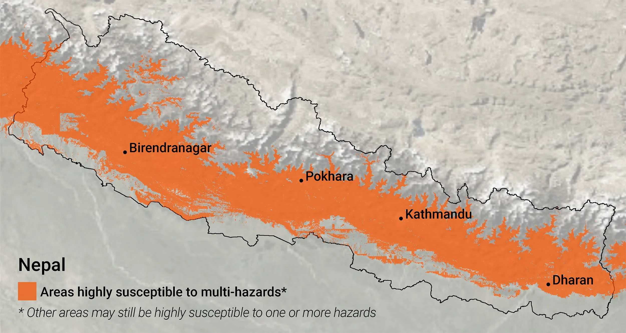 Map of Nepal showing areas highly susceptible to multiple overlapping natural hazards in orange, supporting the case for integrated multi-hazard risk planning