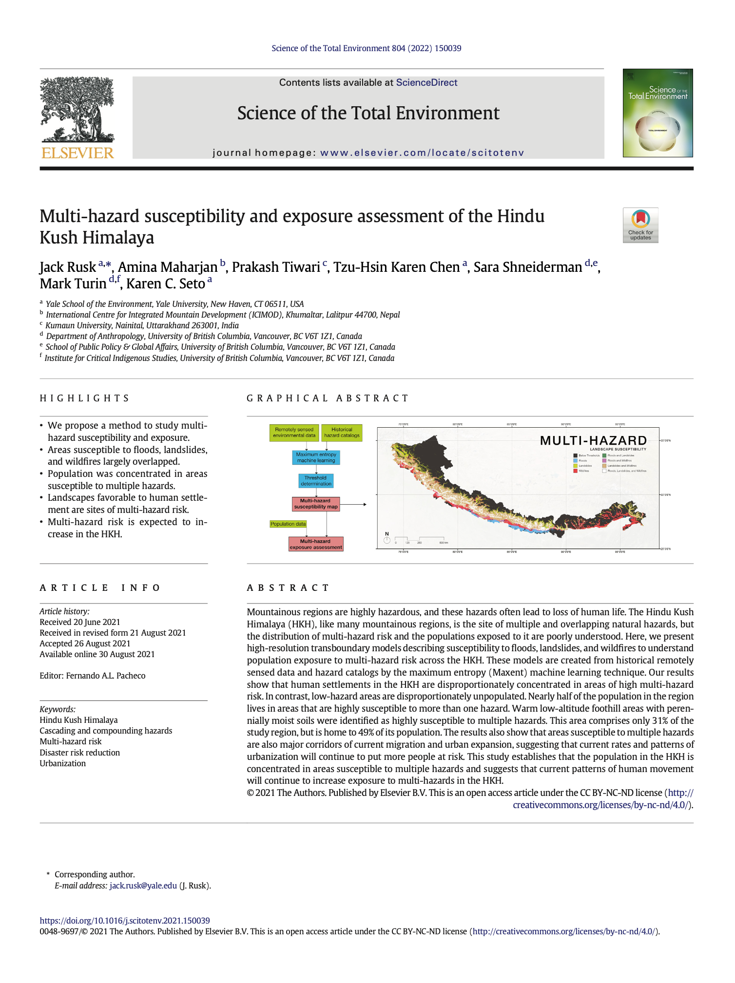 First page of a peer-reviewed scientific article on multi-hazard susceptibility and exposure assessment of the Hindu Kush Himalaya, published in Science of the Total Environment