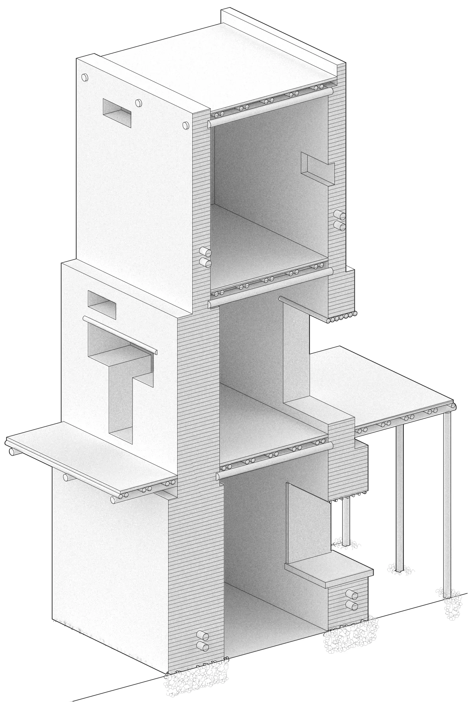Axonometric section of a narrow masonry dwelling with stacked rooms and a timber deck — drawing accompanying Jack Rusk's AA Files 78 essay on Pueblo Bonito, Chaco Canyon