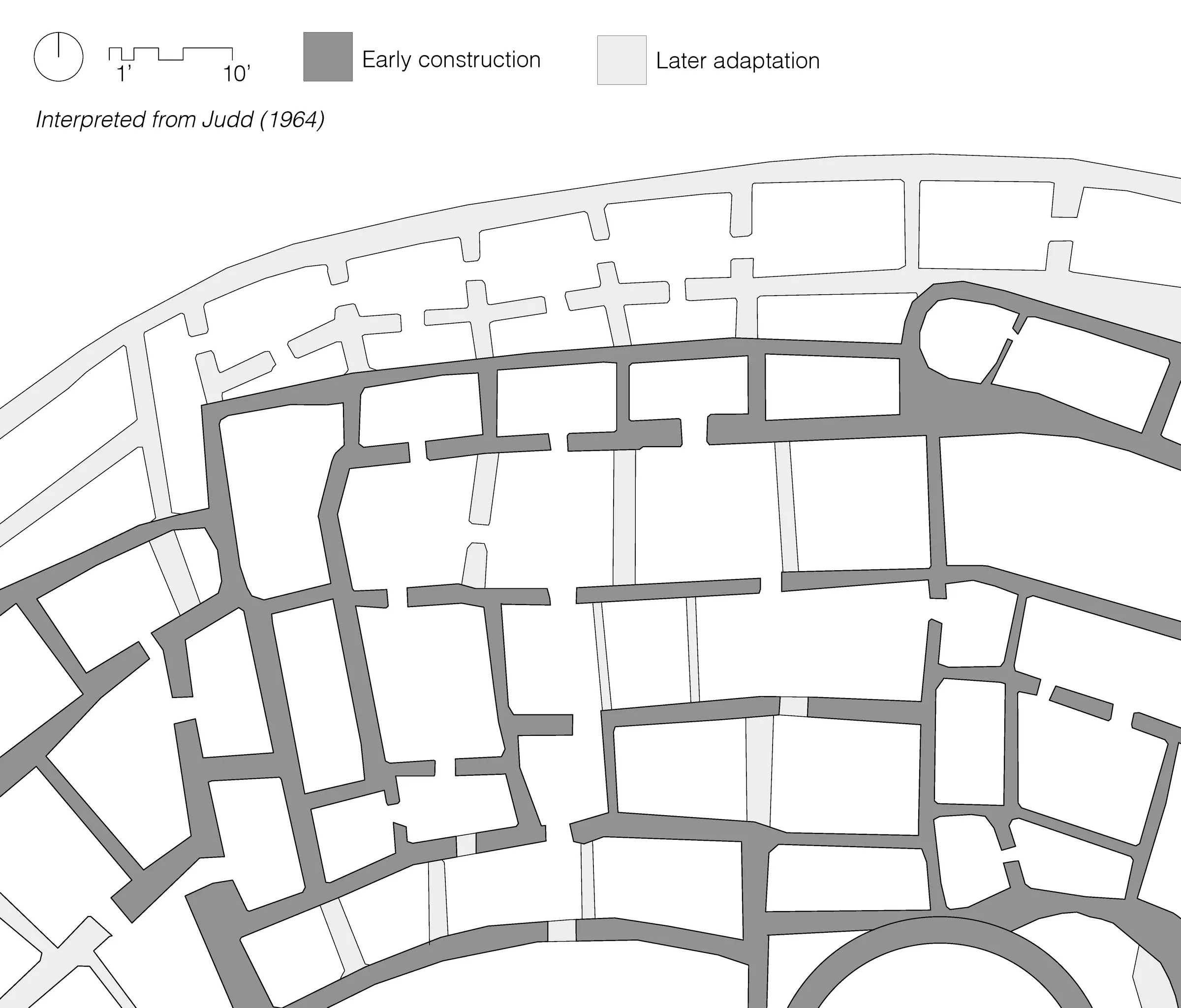 Plan of Pueblo Bonito's room blocks shaded to show early construction and later adaptation, interpreted from Judd (1964) — from Jack Rusk's AA Files 78 essay