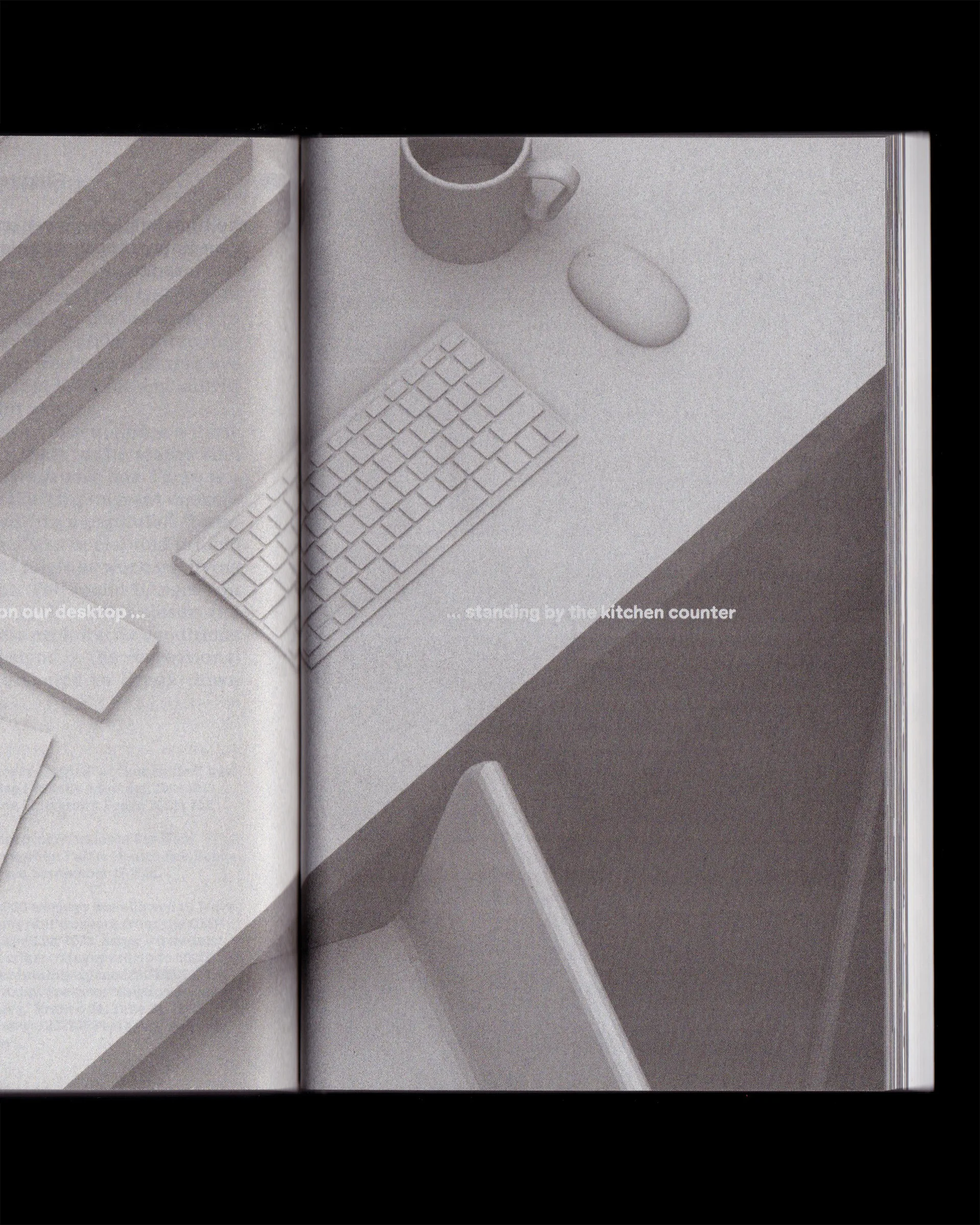 Grey photo spread of a book showing a keyboard, mouse and mug on a kitchen counter — page from 'I, Like Many Things', edited by Gustav Nielsen, Rachael Tsai, Diana Smiljković and Jack Rusk