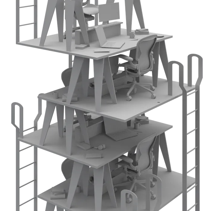 Grey 3D rendering of desks, office chairs and laptops stacked on trestle platforms with ladders — from Jack Rusk's CLOG: FEEDS essay 'Served Space'