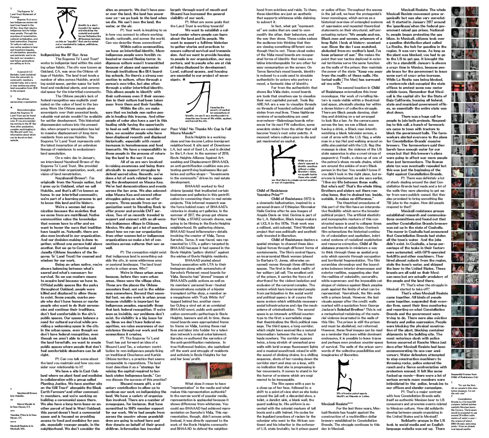 Two-page spread of Paprika! 'Stakes and Mistakes' (Vol. 5, No. 14): dense columns of interviews and essays with hand-drawn letterforms and a strip of film stills — the issue co-edited by Jack Rusk in 2020