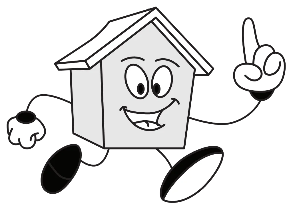 Cartoon house character with big eyes pointing a gloved finger upward — illustration from the Paprika! issue 'There's No Place Like', co-edited by Jack Rusk